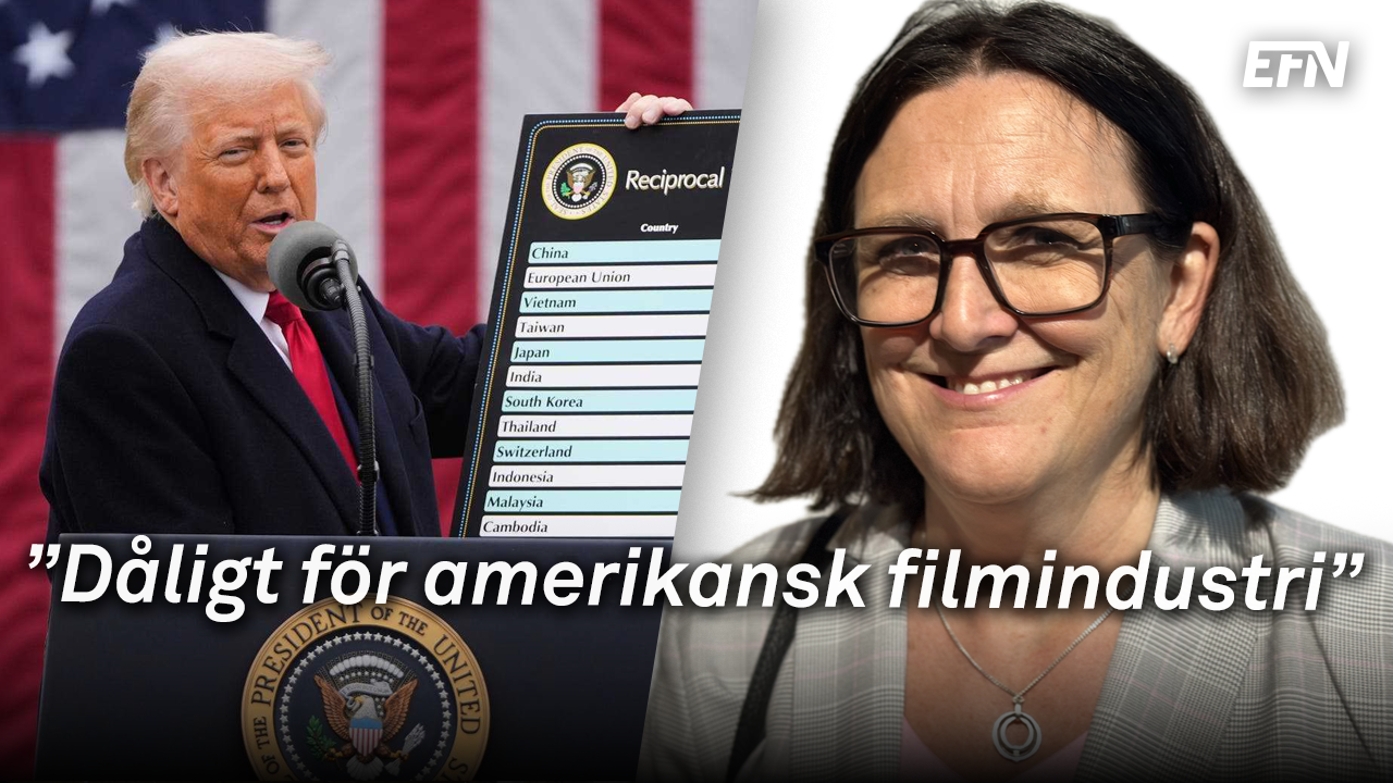 Donald Trump hållandes en lista över ömsesidiga tullar till vänster, och en leende Cecilia Malmström till höger.