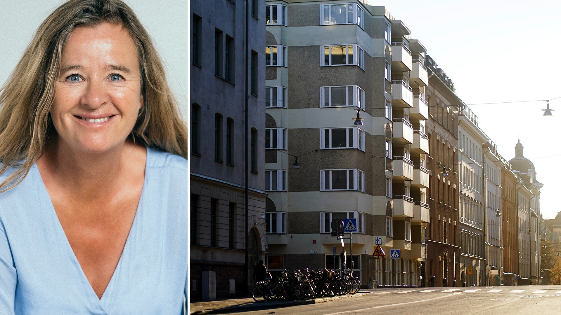 Porträtt av en kvinna och en stadsgata med flerbostadshus