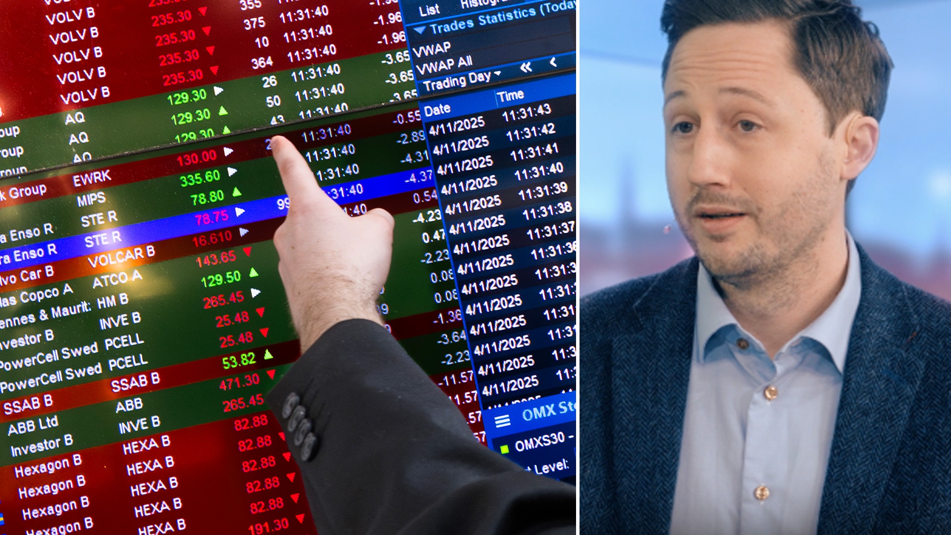 En man pekar på en aktiemarknadsskärm med fastighetsdata medan han presenterar information om fastighetsmarknaden.