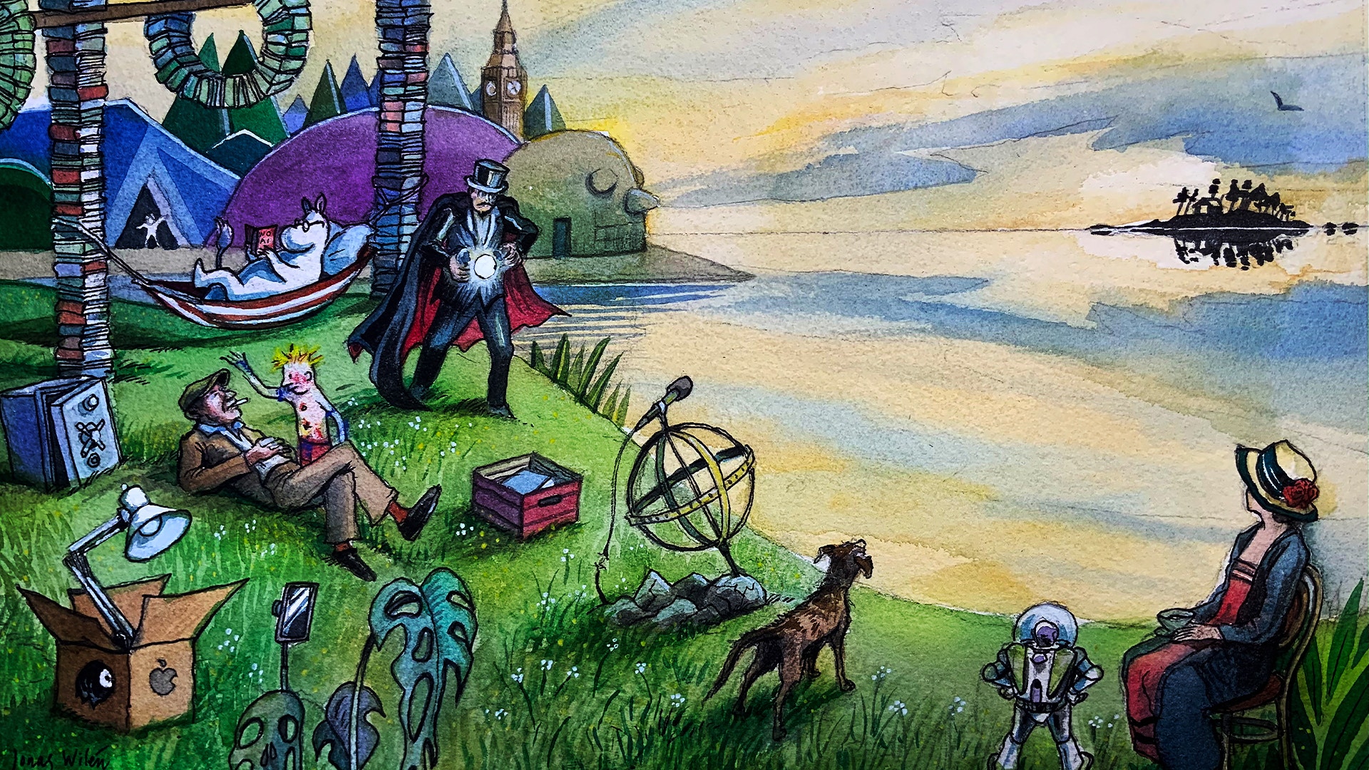 Färgglad illustration av en fantastisk värld med människor och varelser som samlas på en grön äng vid en strand. I bakgrunden syns ett slott, fartyg på vattnet och en dramatisk himmel.