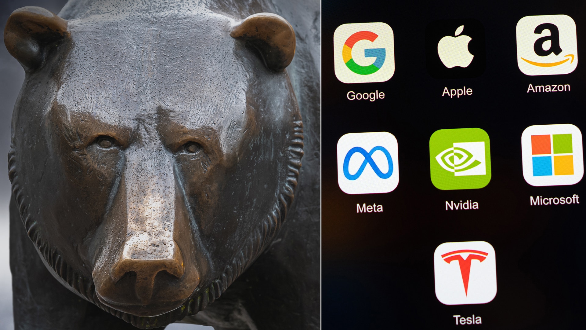 Stenskulptur av björnhuvud bredvid logotyper för teknikföretag som Google, Apple, Amazon, Meta, Nvidia, Microsoft och Tesla.
