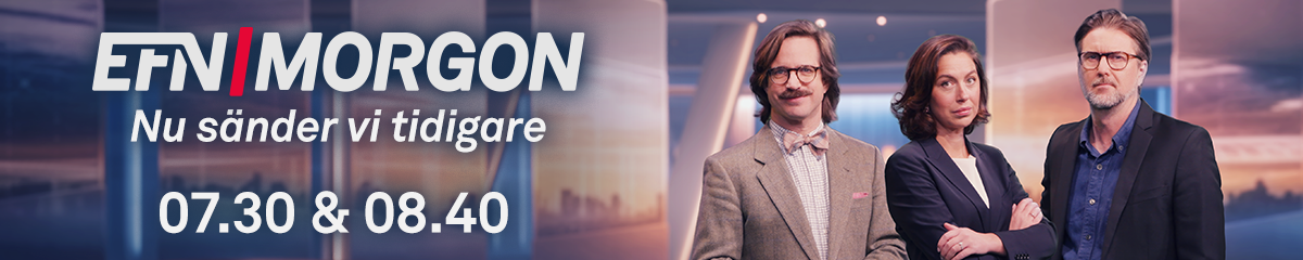 Banner för EFN Morgon med tre programledare och texten 'Nu sänder vi tidigare' samt sändningstider 07.30 och 08.40. Bakgrund visar en soluppgång över en stad.