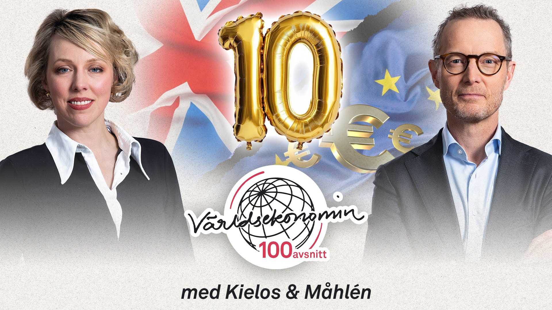 Jubileumsbild för 10 år med två personer, guldballonger med siffran 10, brittiska och EU-flaggor, samt logon för Världsöppnmn 100 år. Text: med Kielos & Mählén.
