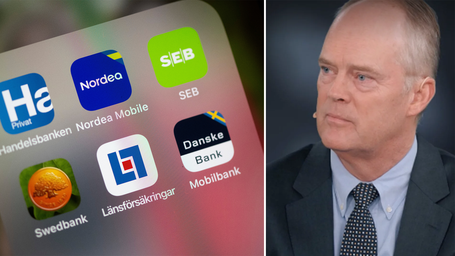 Delad bild: till vänster en smartphone-skärm med logotyper för svenska banker, till höger ett porträtt av en man i kostym.