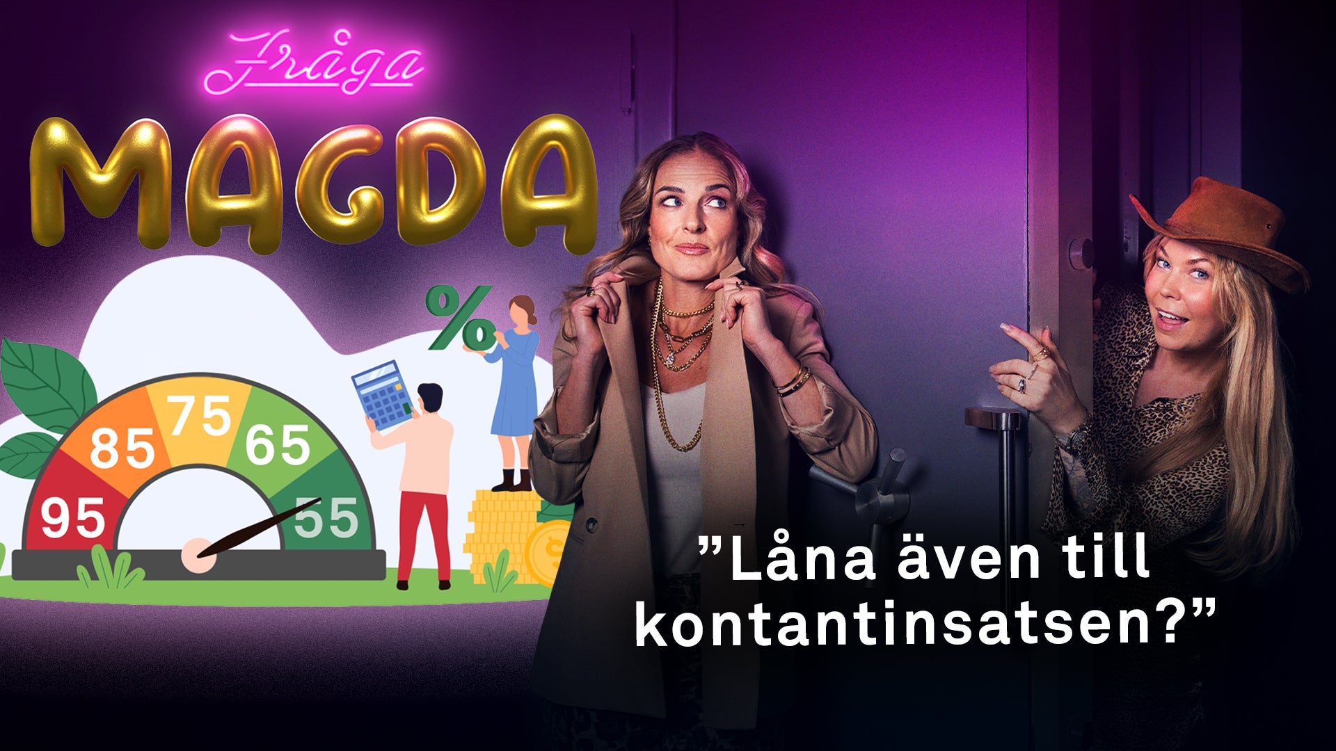 Två kvinnor framför lila bakgrund med neonljus-text "Magda" och en procentsats-mätare. Text säger "Låna även till kontantinsatsen?"