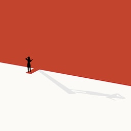 Illustration av en person som står på gränsen mellan ett rött och vitt område, symboliserar integration och övergång.