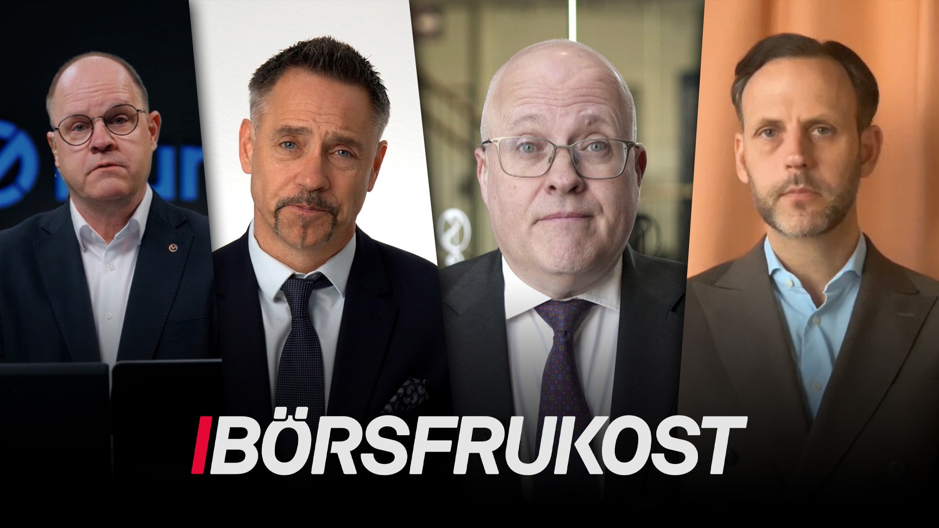 Fyra män i kostym presenteras i en promotionsbild för Börsfrukost, ett program om börsen och ekonomi.