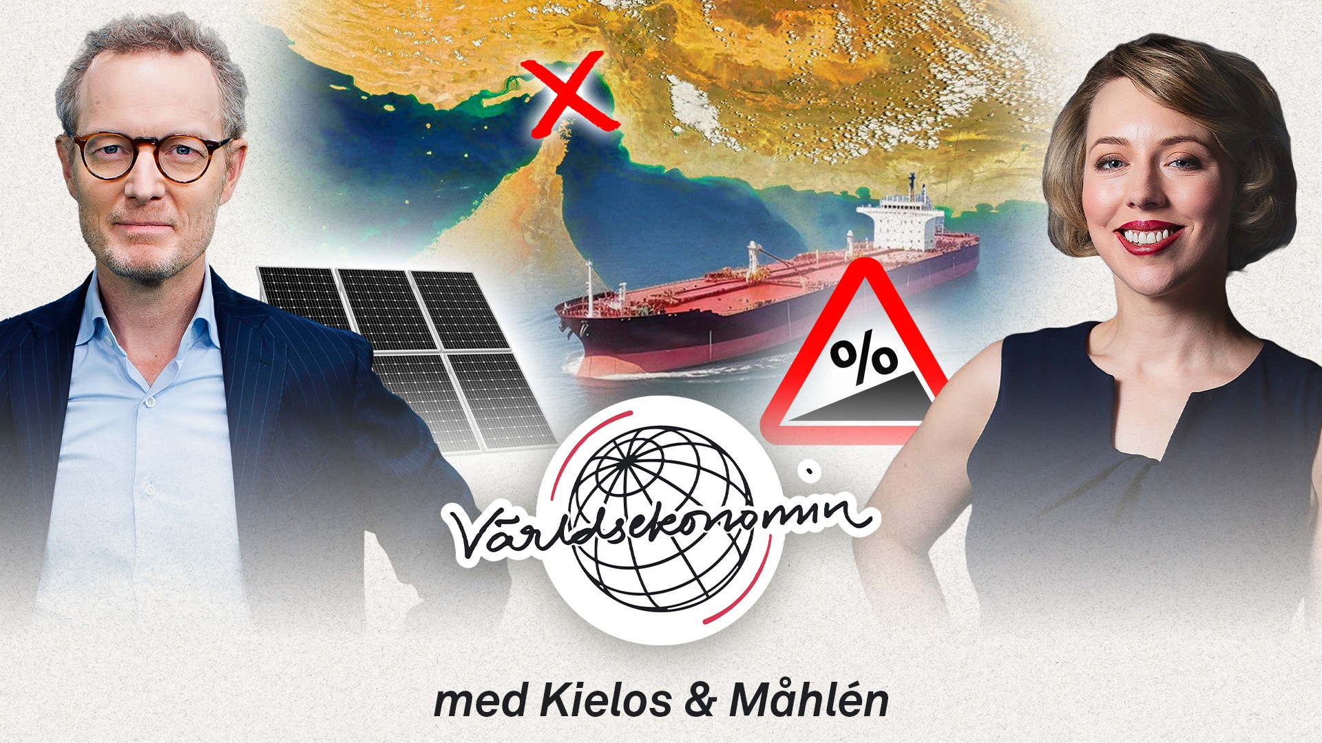 Illustrativ bild med två personer, en världskarta, ett lastfartyg, solpaneler och affärssymboler som representerar global handel och hållbar energi.