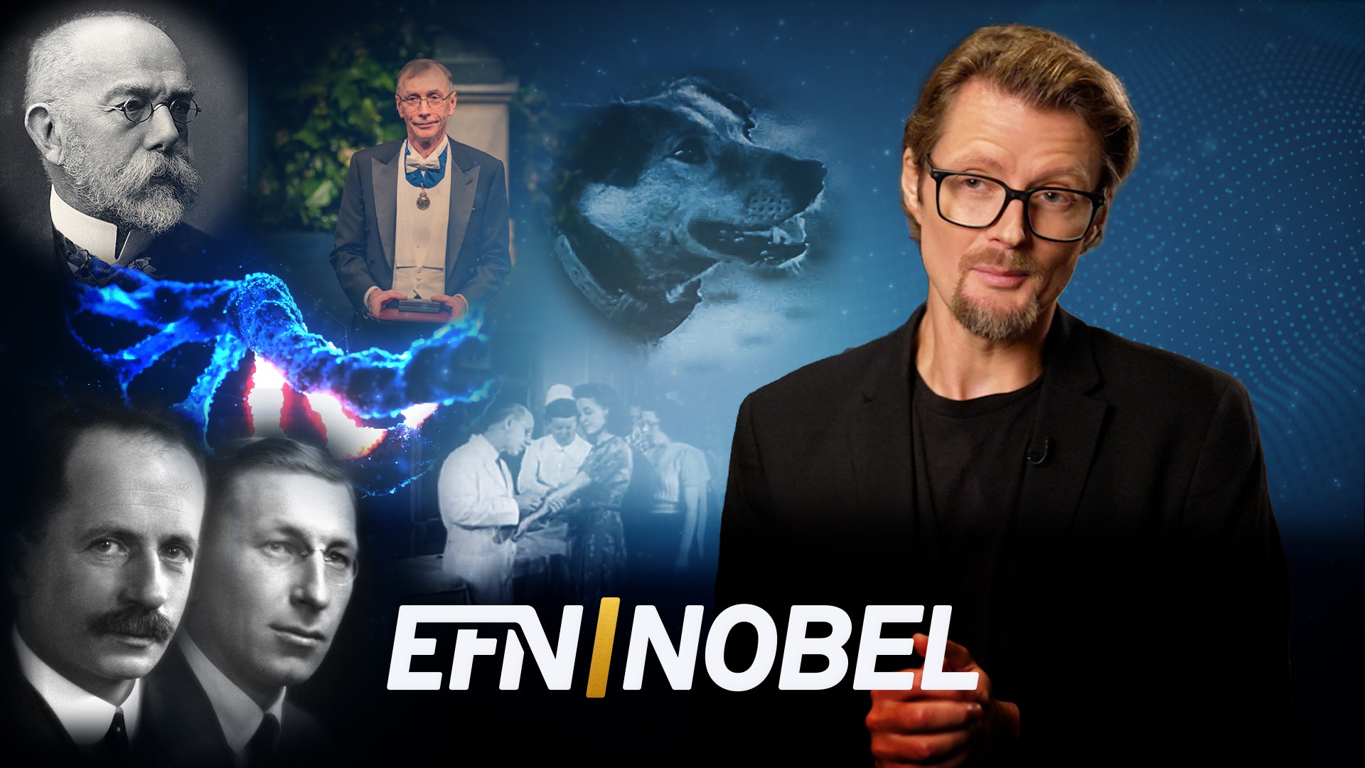 En man i svart kavaj står till höger framför en blå bakgrund med svartvita porträtt av forskare och en hund. Loggan EFN Nobel syns längst ned.