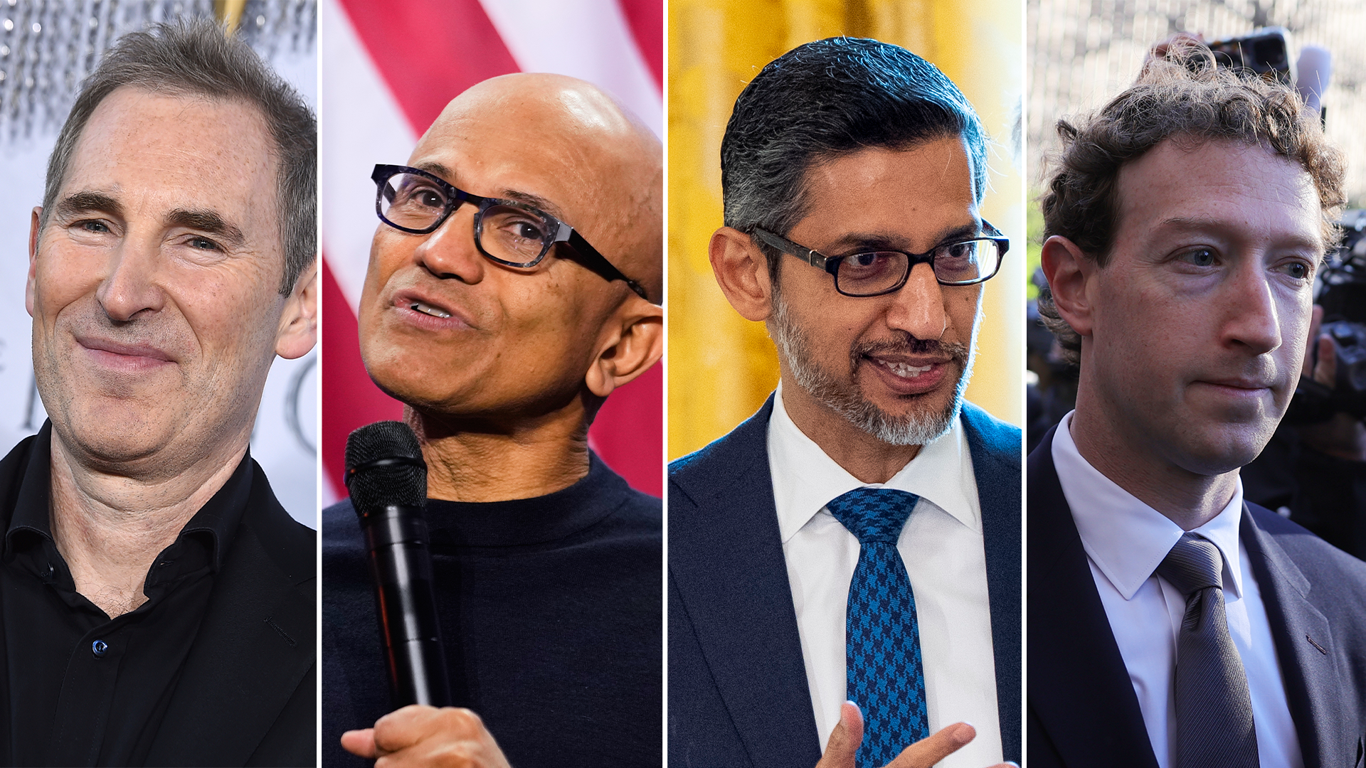 Kollage med fyra porträttfoton av män. Från vänster: man i svart skjorta, man med glasögon framför röd bakgrund, man i blå slips framför gul bakgrund, och man i kostym framför grå bakgrund.