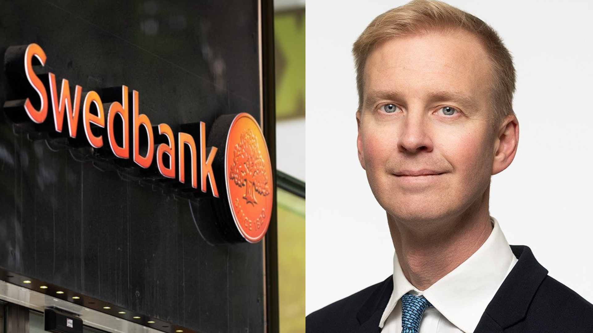 Swedbank logotyp och porträtt av man i svart kostym och blå slips
