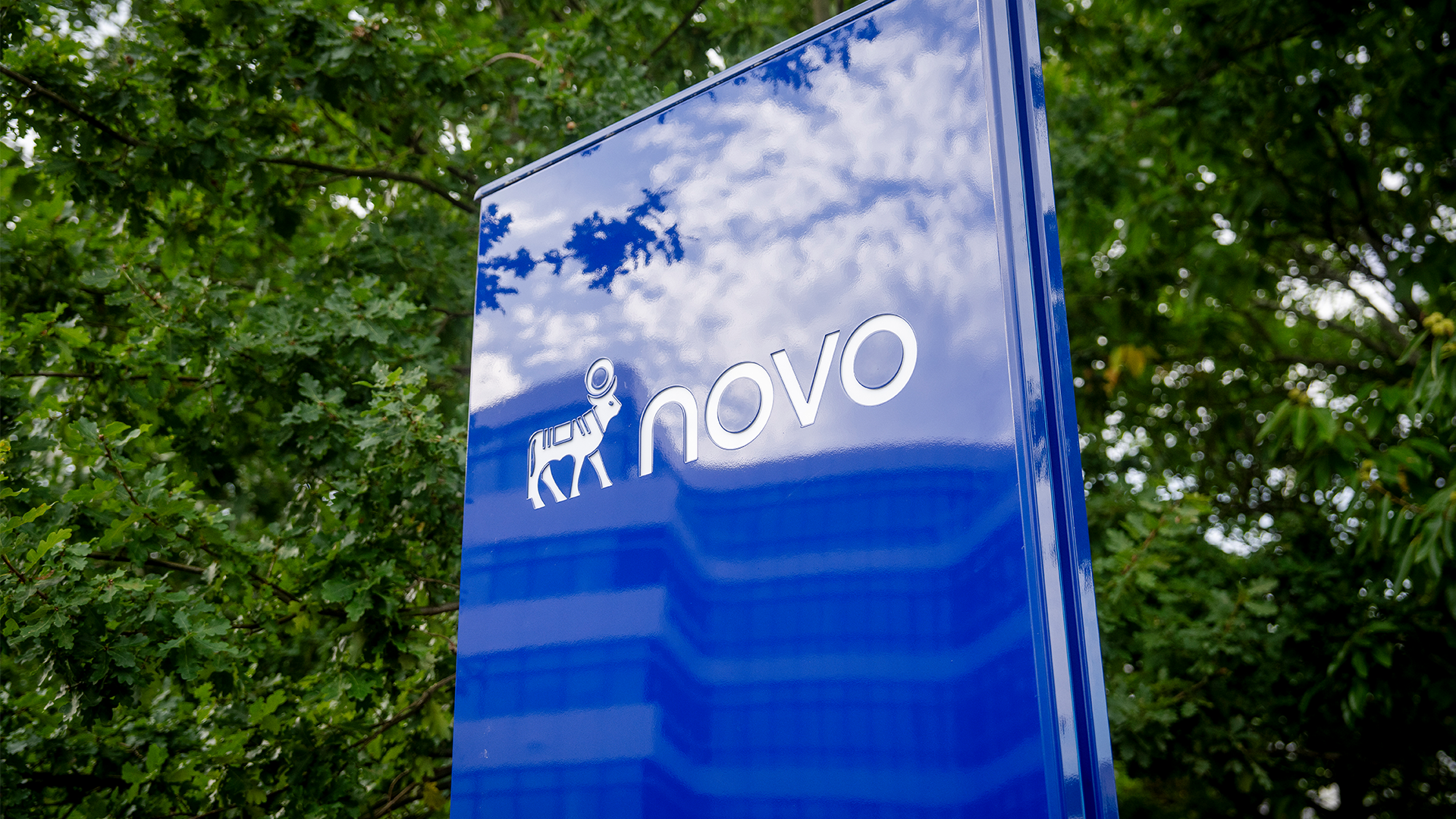 En blå skylt med Novos logotyp, omgiven av grönska med en byggnad i bakgrunden.
