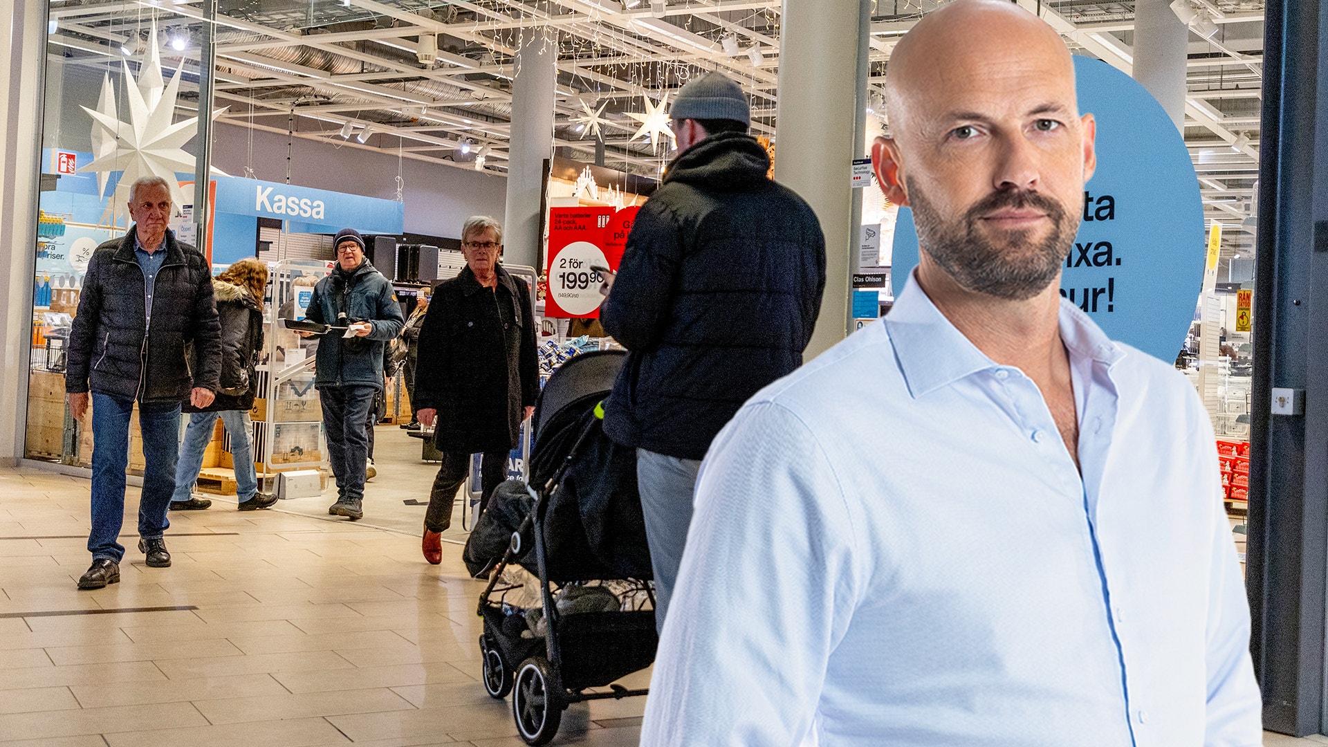 En Clas Ohlson-butik och EFN:s analytiker Martin Blomgren.