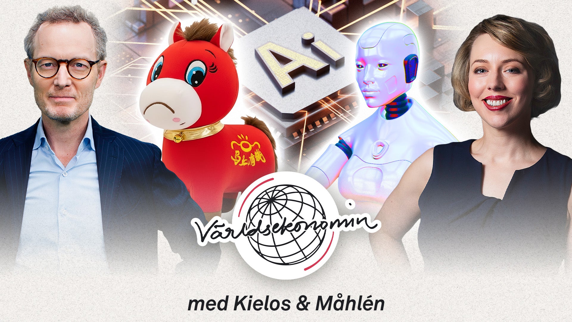 Collage med personer, en röd maskot, en AI-robot och en globlogo för Världskrönin med Kielos & Mählén