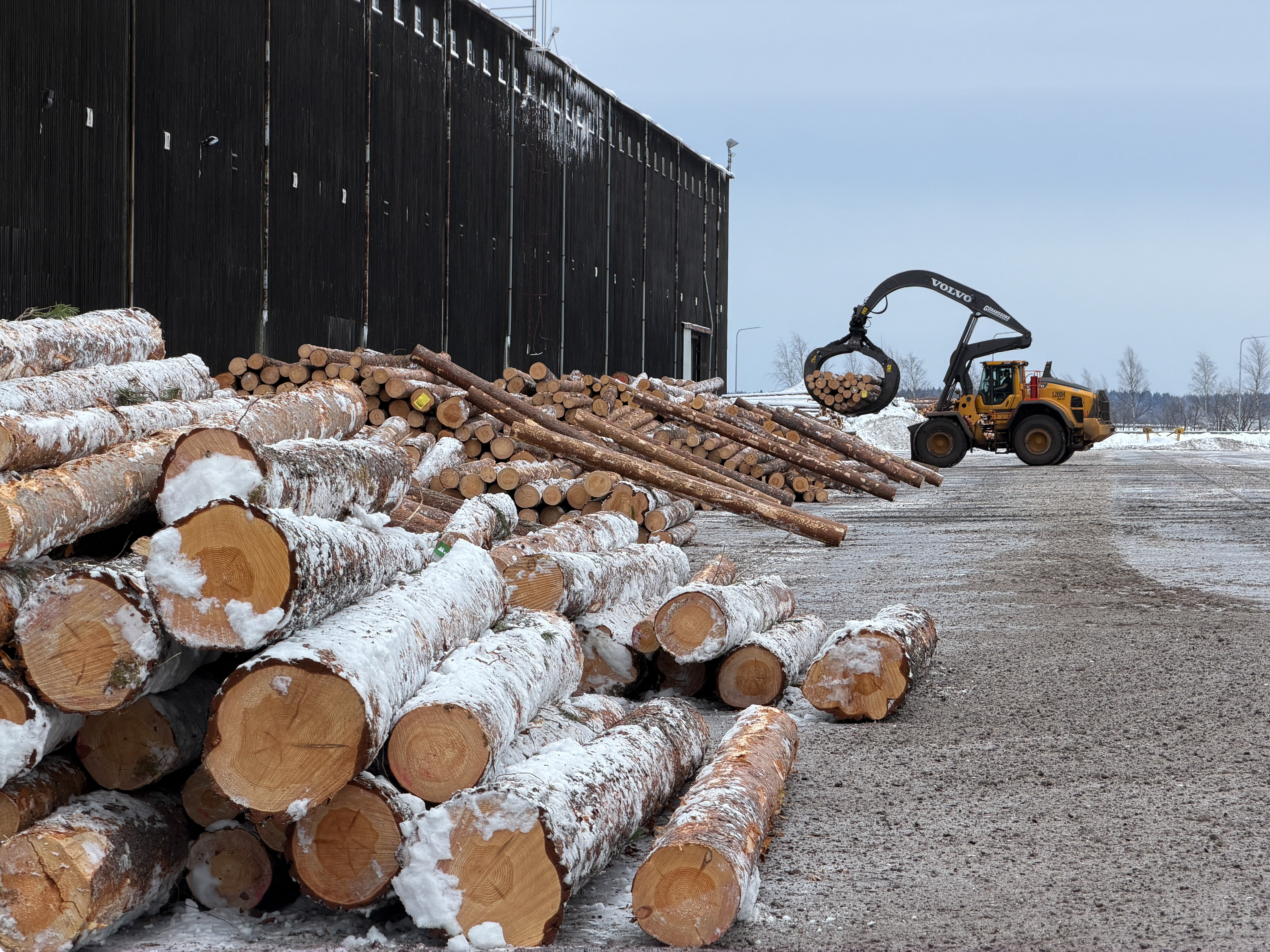 Timmerupplag på en snöig vintergård med staplad ved och skogsmaskiner