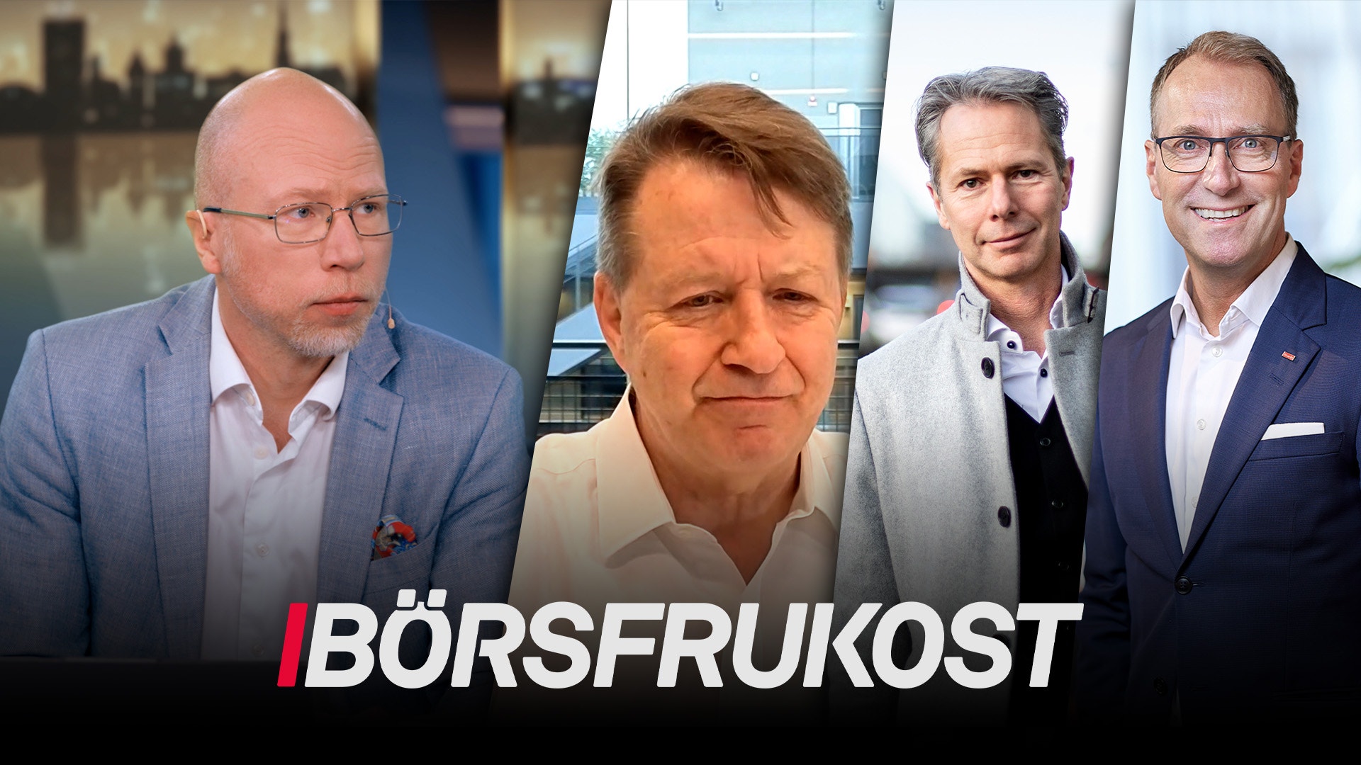 Fyra män i kostym presenterar TV-programmet Börsfrukoost