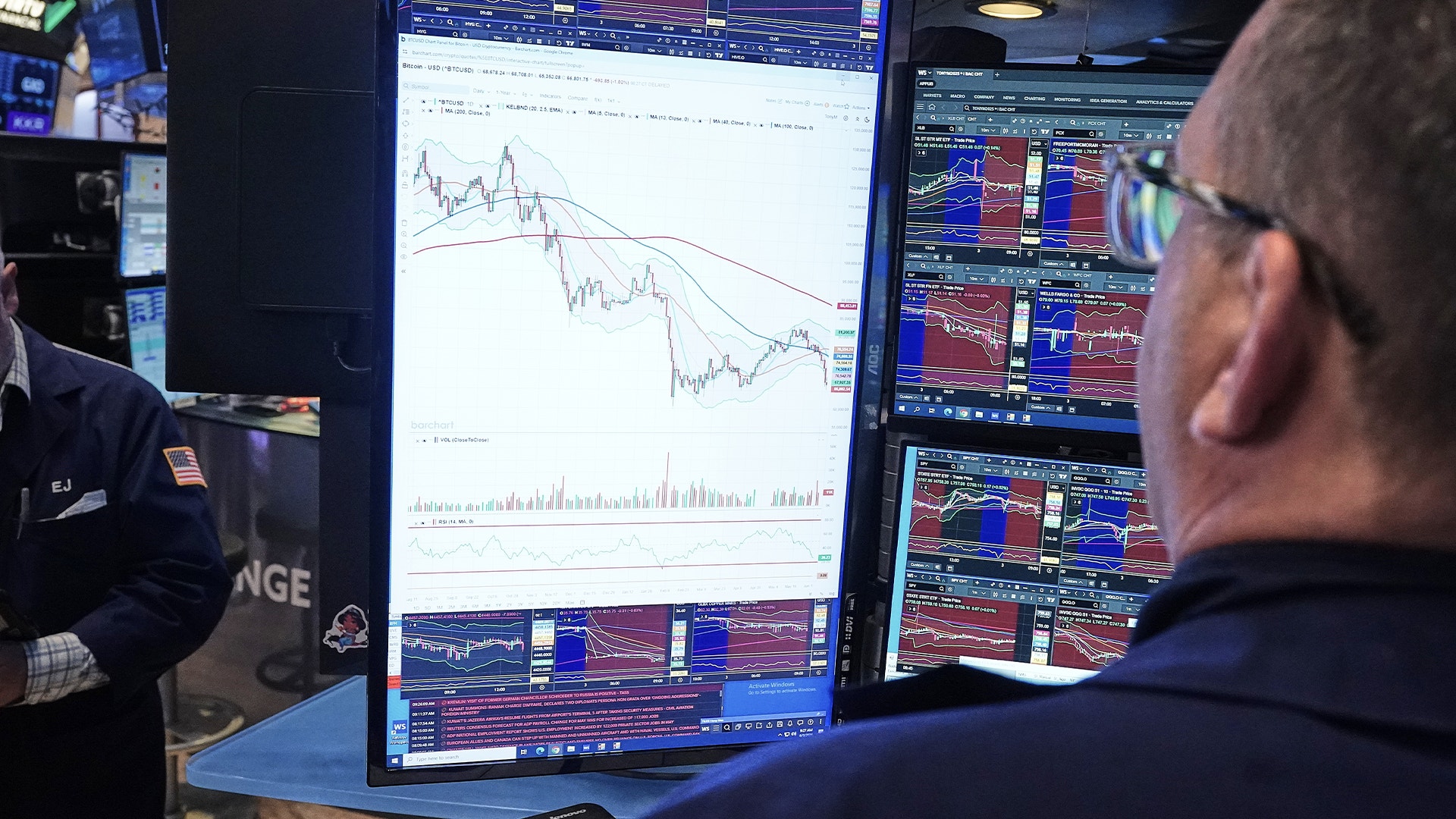 En person sitter framför flera datorskärmar som visar finansiella diagram, grafer och handelsdata med röda och blå färger.