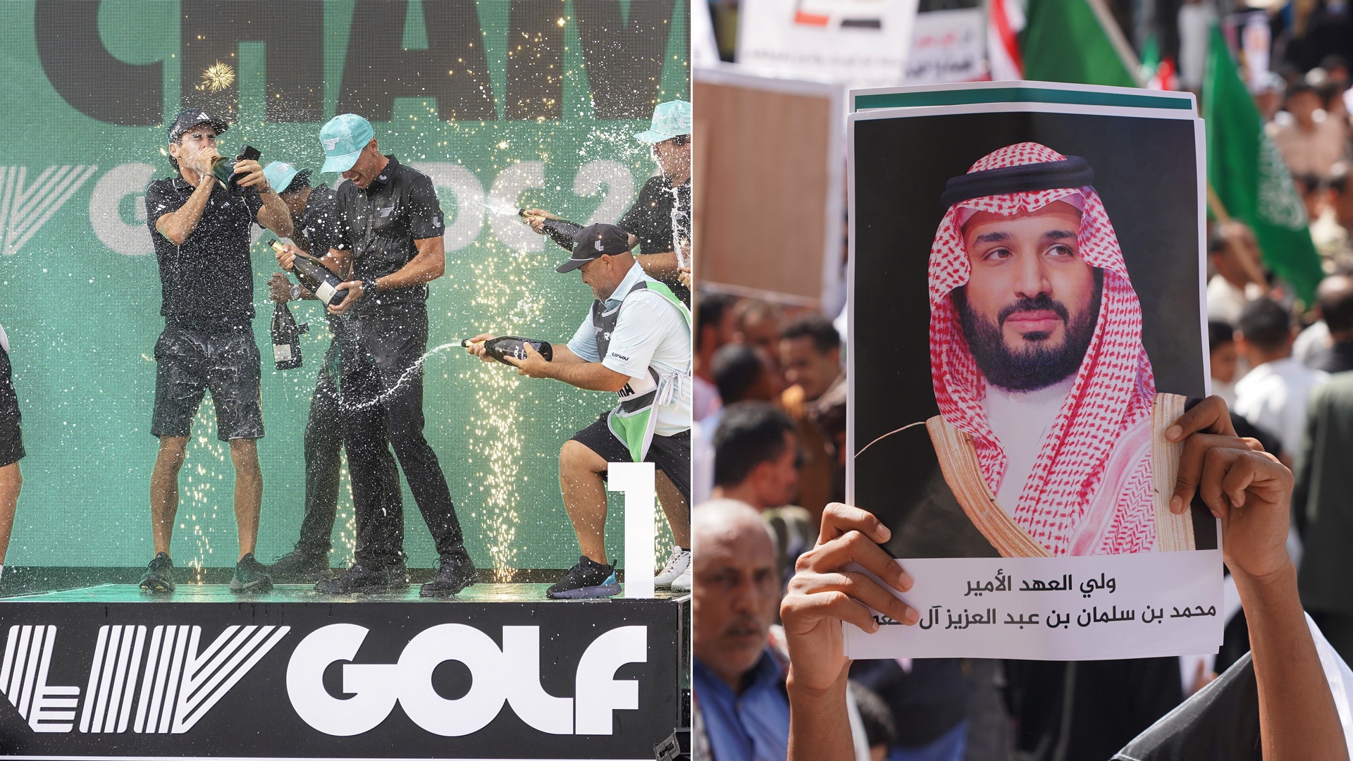 Golfturneringscen med prisutdelning och champagnefirande på vänster sida, samt en porträtt som hålls upp vid en publik samling på höger sida.