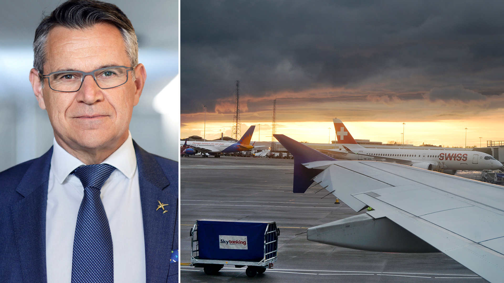 Flygplan parkerade vid flygplatsens gates under dramatisk himmel vid solnedgång