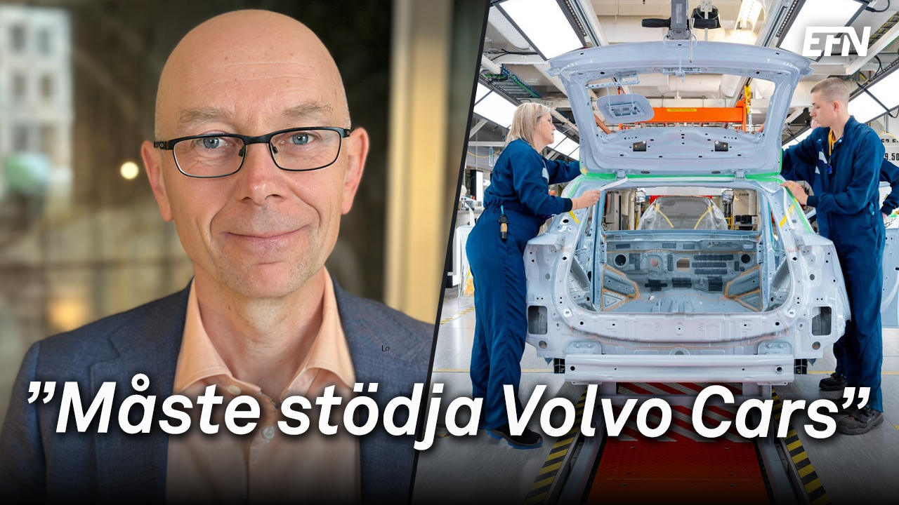 Ett montage med Henrik Einarsson till vänster, och en bil under konstruktion med två arbetare på varsin sida, till höger.