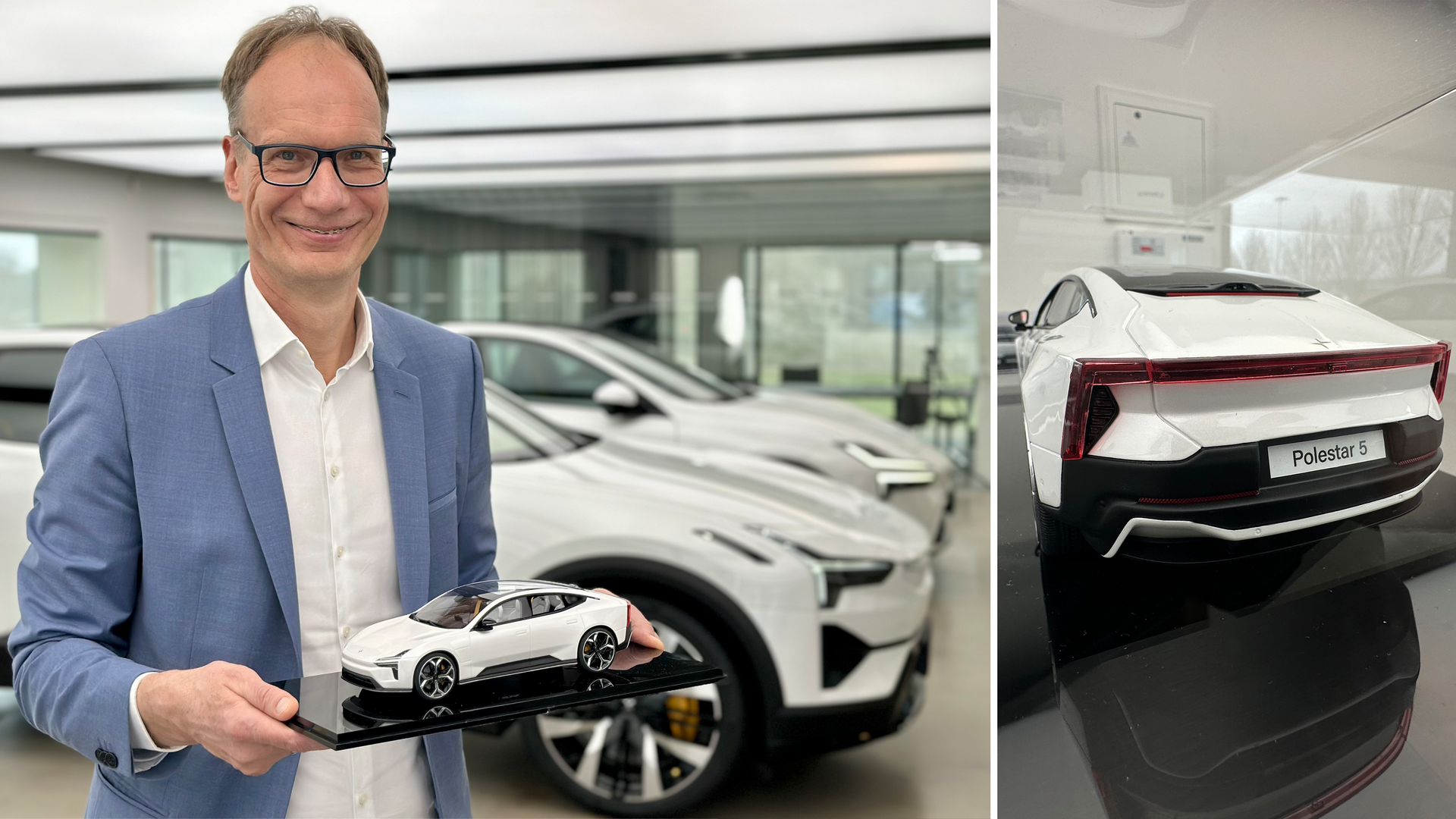 Michael Lohscheller står i blå kavaj och håller en miniatyrmodell av en Polestar-bil framför sig, med verkliga Polestar-fordon synliga i showroommet bakom honom.