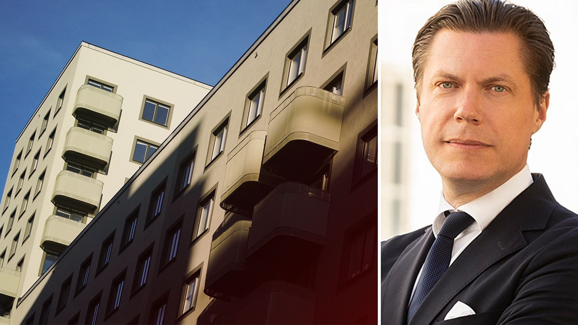 Kollage med en modern flervåningsbyggnad till vänster och ett porträtt av en man i kostym till höger.