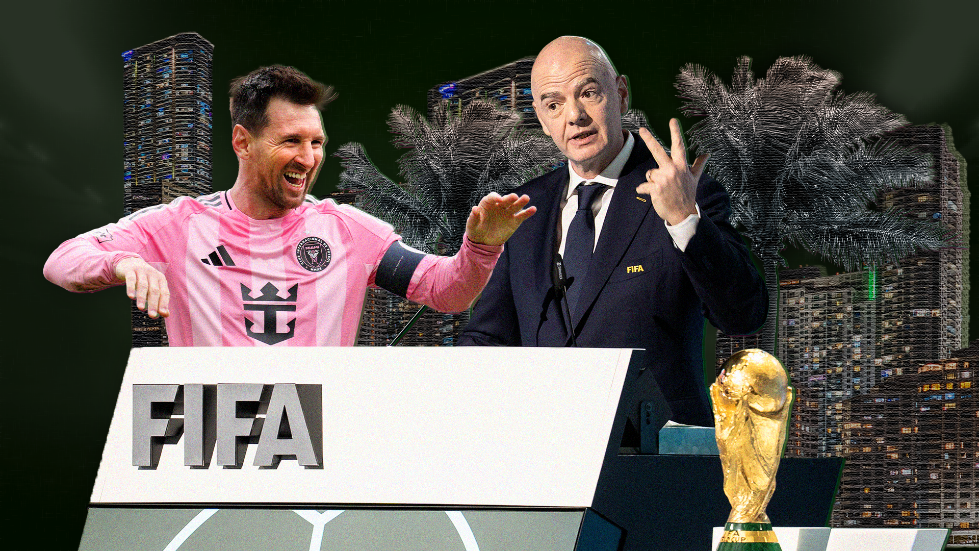Collage med en fotbollsspelare i rosa trofétröja och en man i kostym vid FIFA-logotypen, med World Cup-trofén och stadshorisont i bakgrunden.