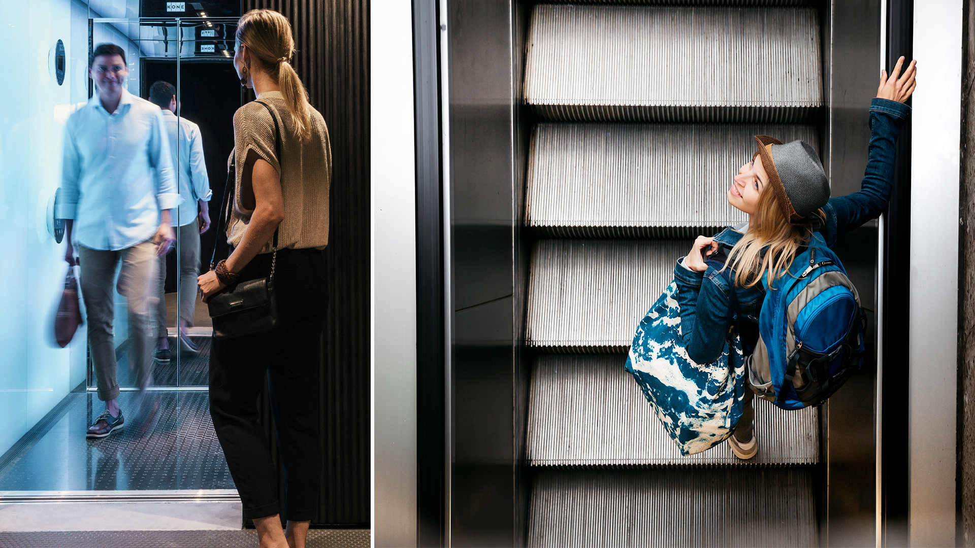 Två scener från en modern byggnad: personer som går in genom en dörr och en person som går upp för en rulltrappa.