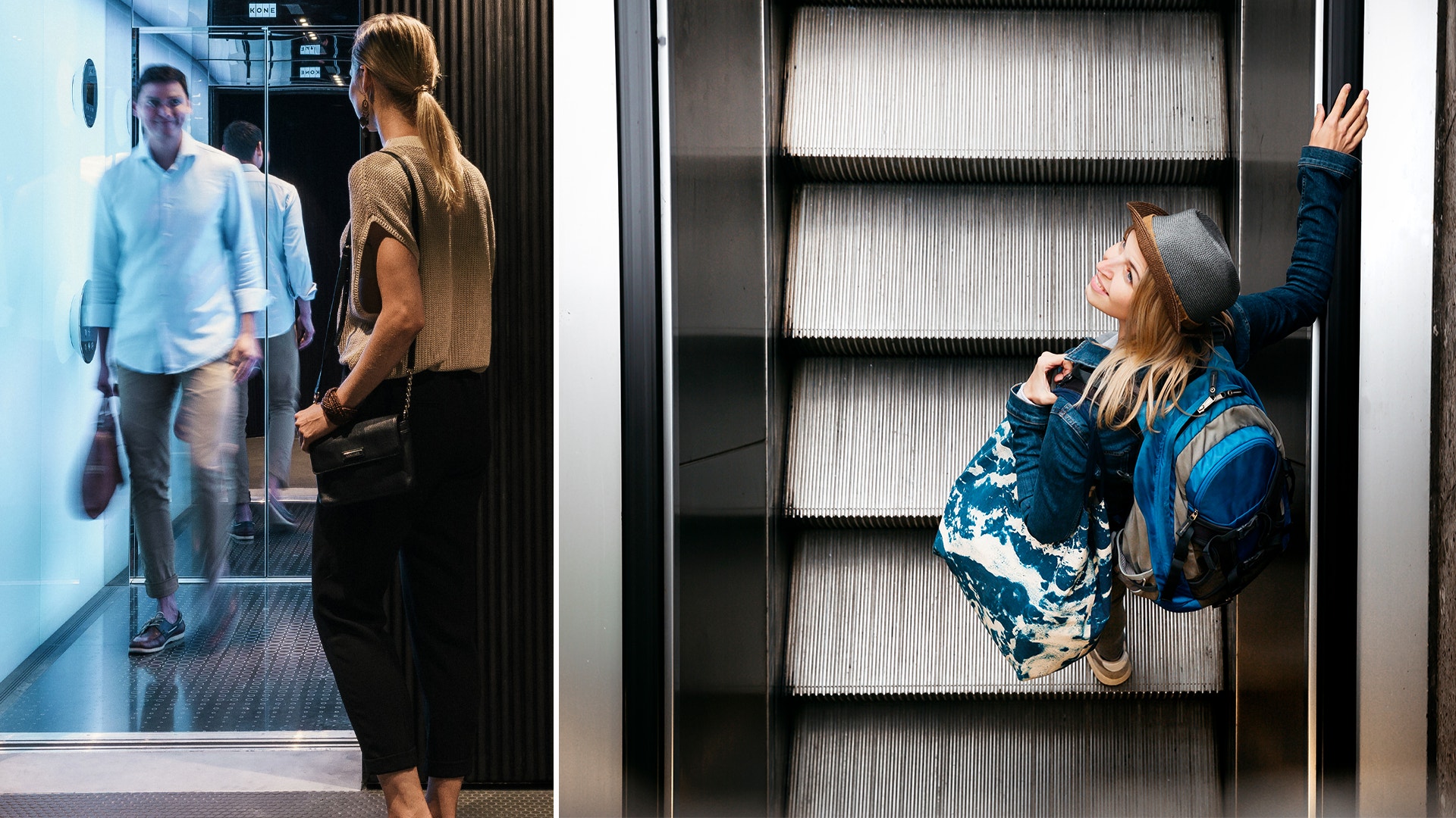 Två scener från en modern byggnad: personer som går in genom en dörr och en person som går upp för en rulltrappa.