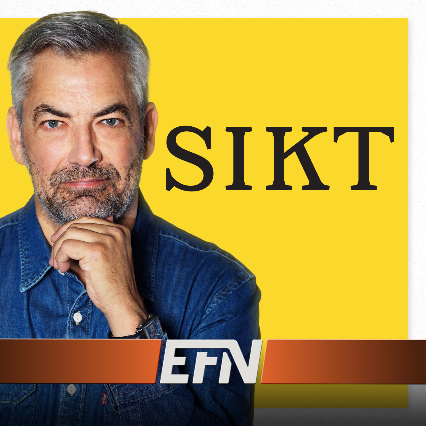 Porträttbild av en man mot gul bakgrund med texten "SIKT"