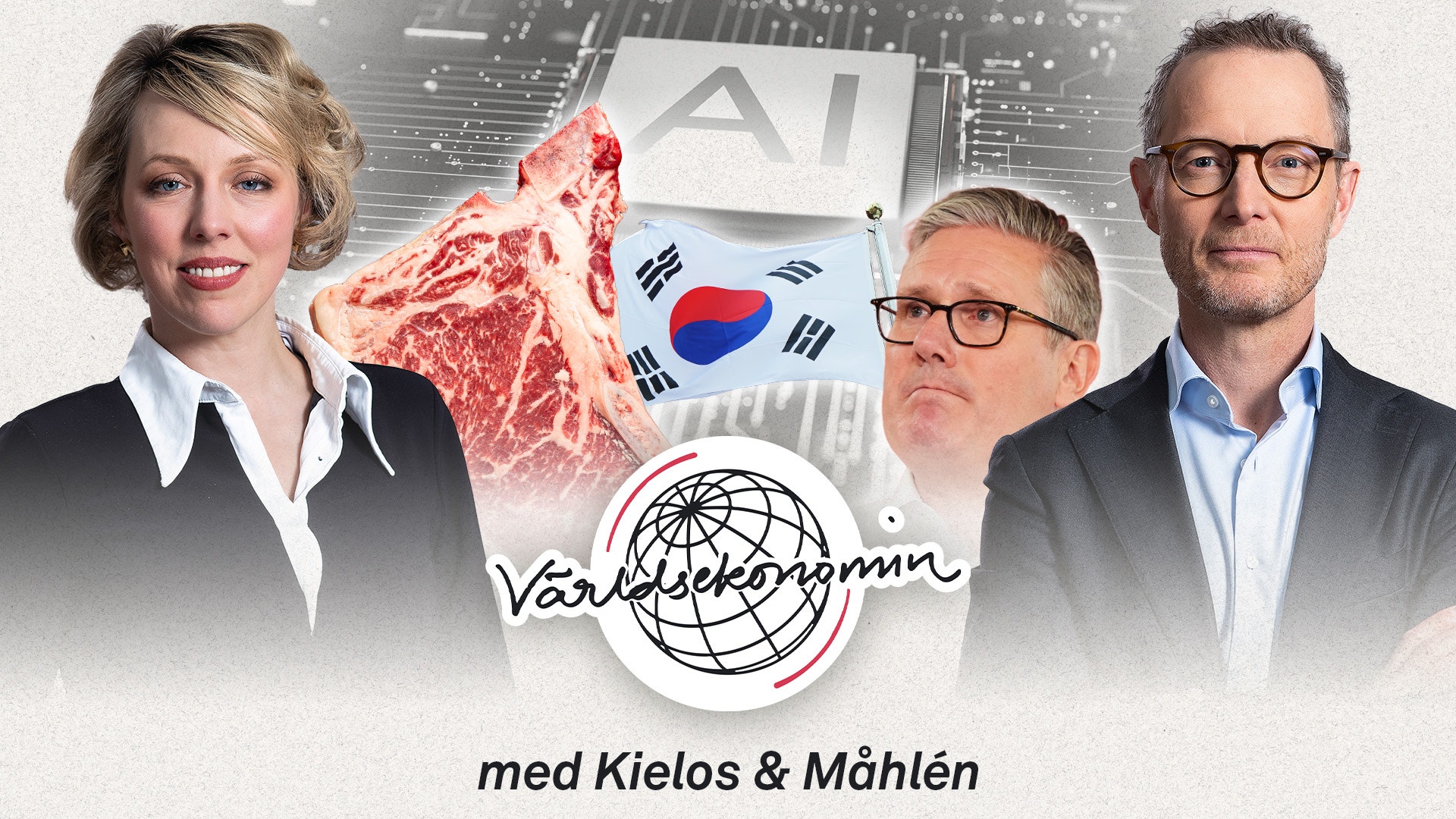 Grafisk design för podcasten Världsekonomin med tre personer, en köttbit, Sydkoreas flagga och AI-symboler som representerar ekonomi och globala trender.