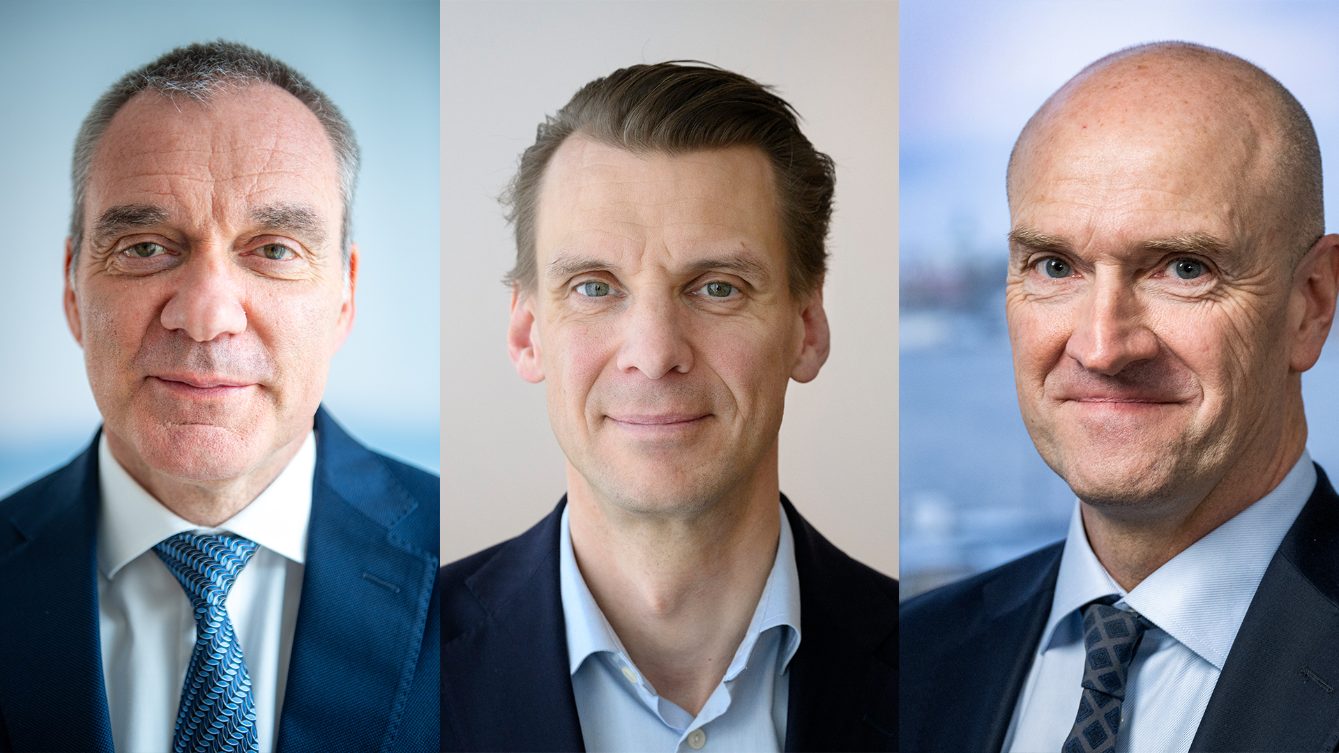 Tre porträttfoton bredvid varandra av tre män i mörka kavajer och skjortor som tittar in i kameran.