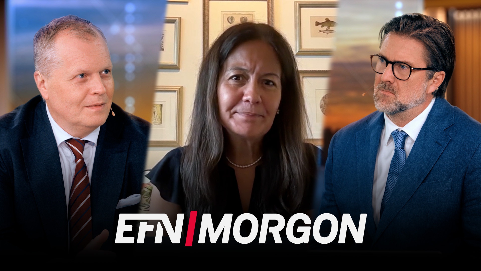 Tre personer i affärskläder presenterar EFN Morgon. De står framför en vägg med inramade bilder.