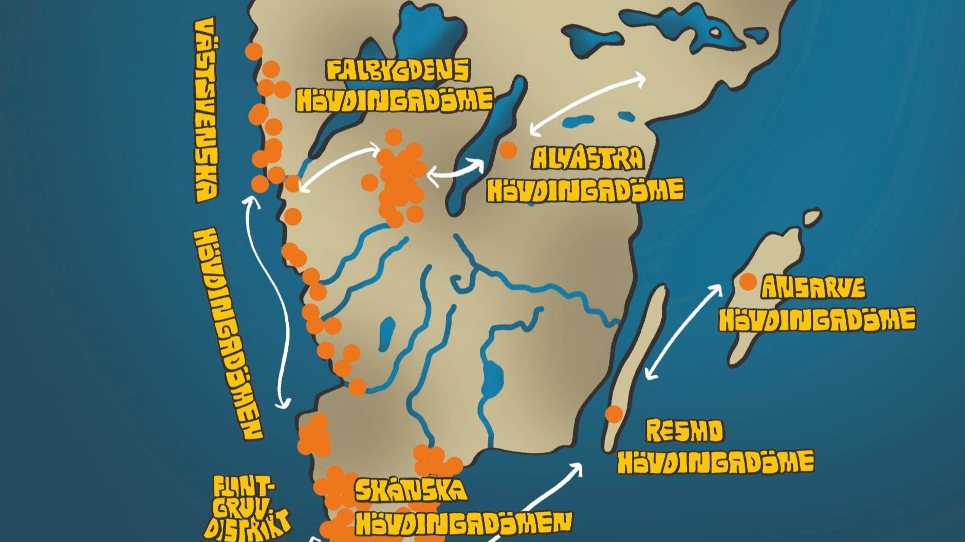 Storstensgravarna visar var hövdingadömen fanns. Deras framväxt stimulerades av västskåningarnas flintyxexport. Karta efter Jonathan Lindströms Sveriges långa historia (2022)