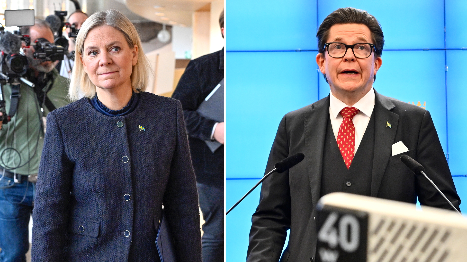 Två bilder bredvid varandra. Till vänster en kvinna med ljust hår och mörkblå kavaj, med fotografer bakom sig. Till höger en man med glasögon och mörk kostym som talar i mikrofoner.