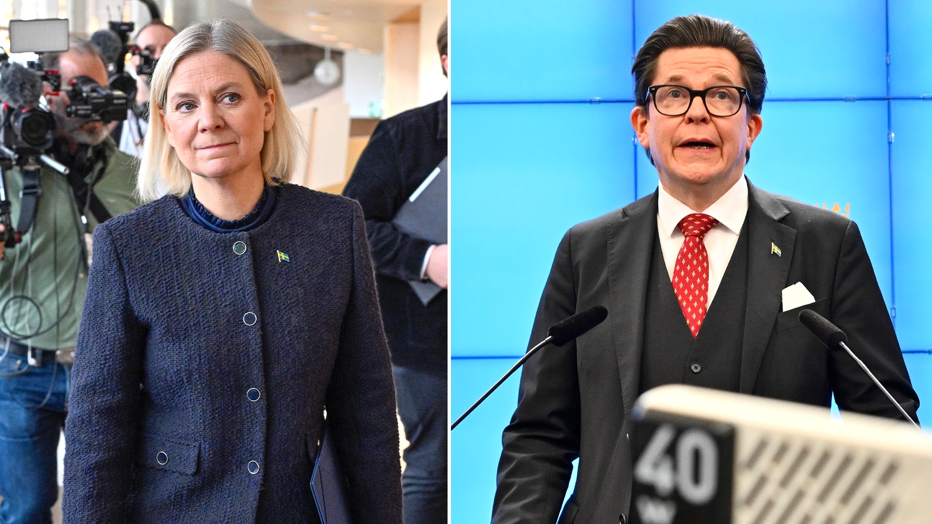 Två bilder bredvid varandra. Till vänster en kvinna med ljust hår och mörkblå kavaj, med fotografer bakom sig. Till höger en man med glasögon och mörk kostym som talar i mikrofoner.