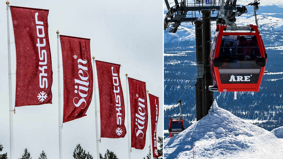 Flaggor över Skistars anläggningar till vänster och Åreskutan till höger.