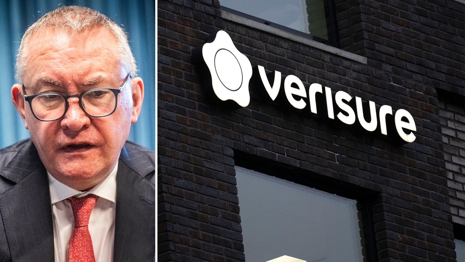 Porträttbild av man i kostym och glasögon tillsammans med Verisure-logotypen på en svart tegelfasad