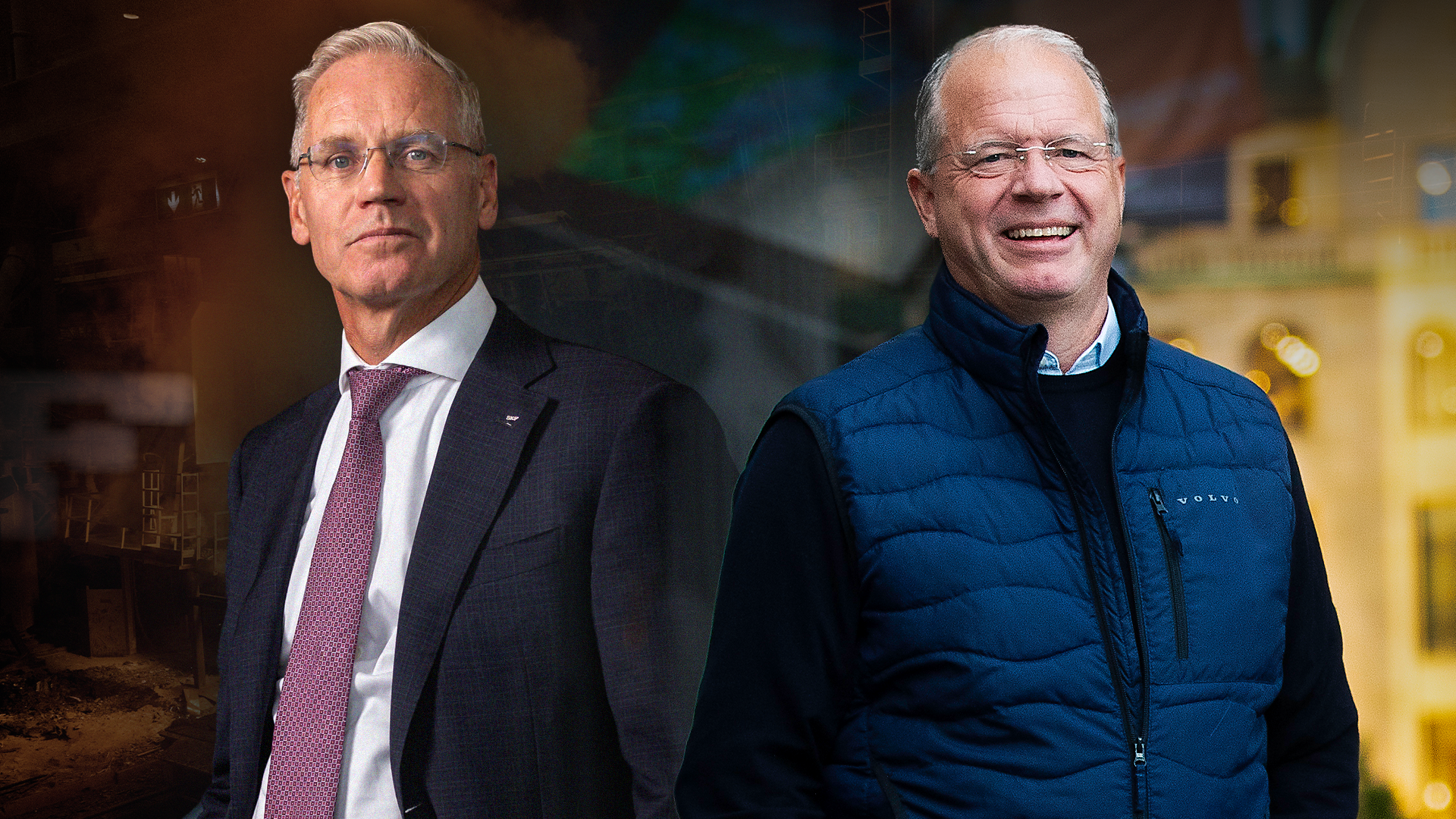 Två män i en industriell miljö, en i kostym och en i blå jacka.