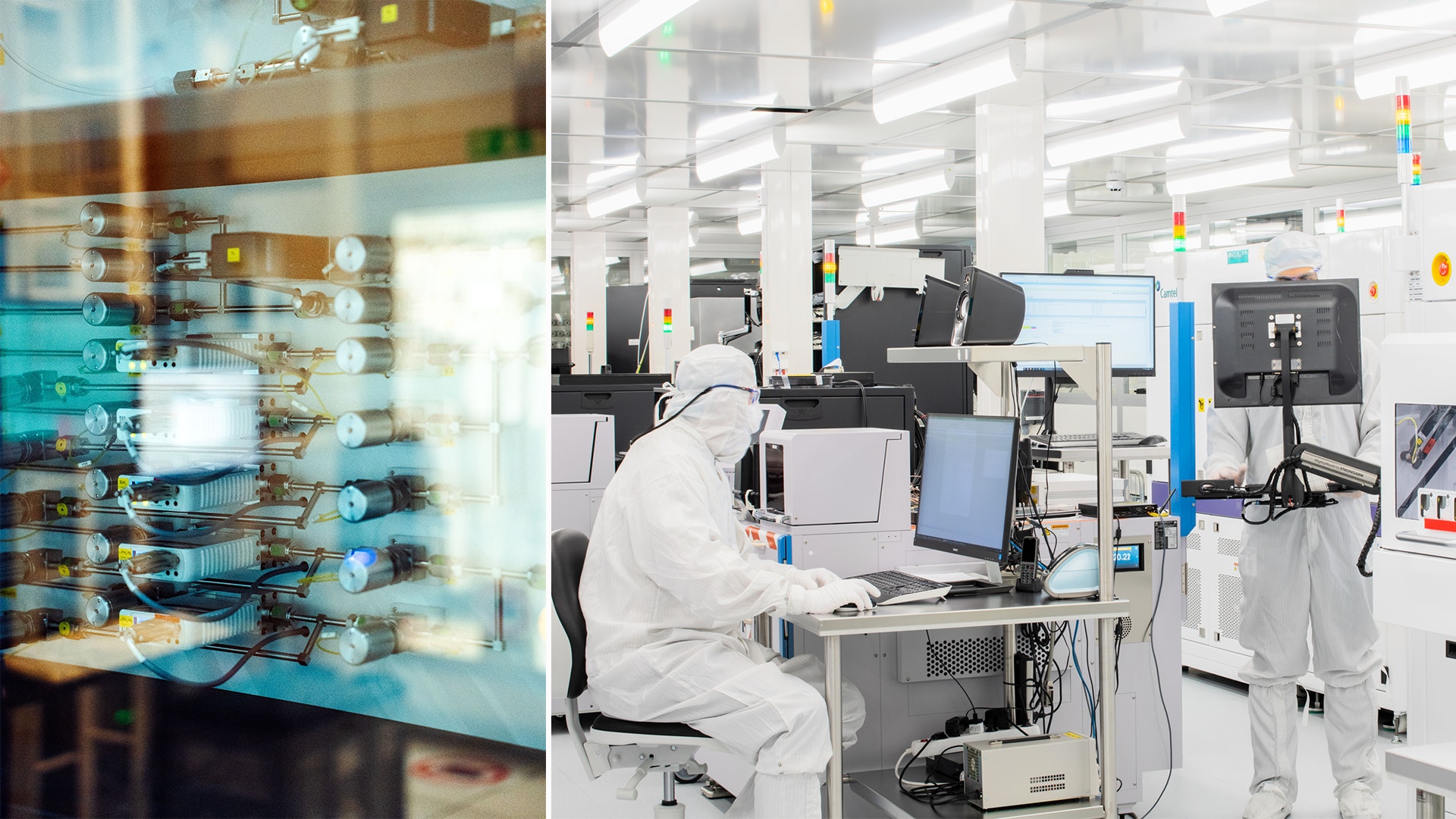 Sammansatt bild som visar elektroniska komponenter på vänster sida och en forskare i vit skyddsdräkt som arbetar med vetenskaplig utrustning i ett modernt laboratorium på höger sida.