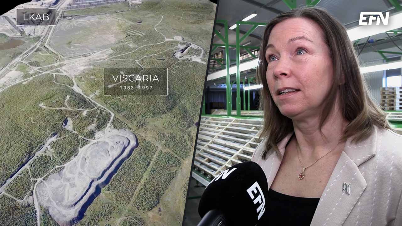En översikt av en gruva i Kiruna till vänster och Anna Tyni till höger med en EFN-mikrofon framför sig.
