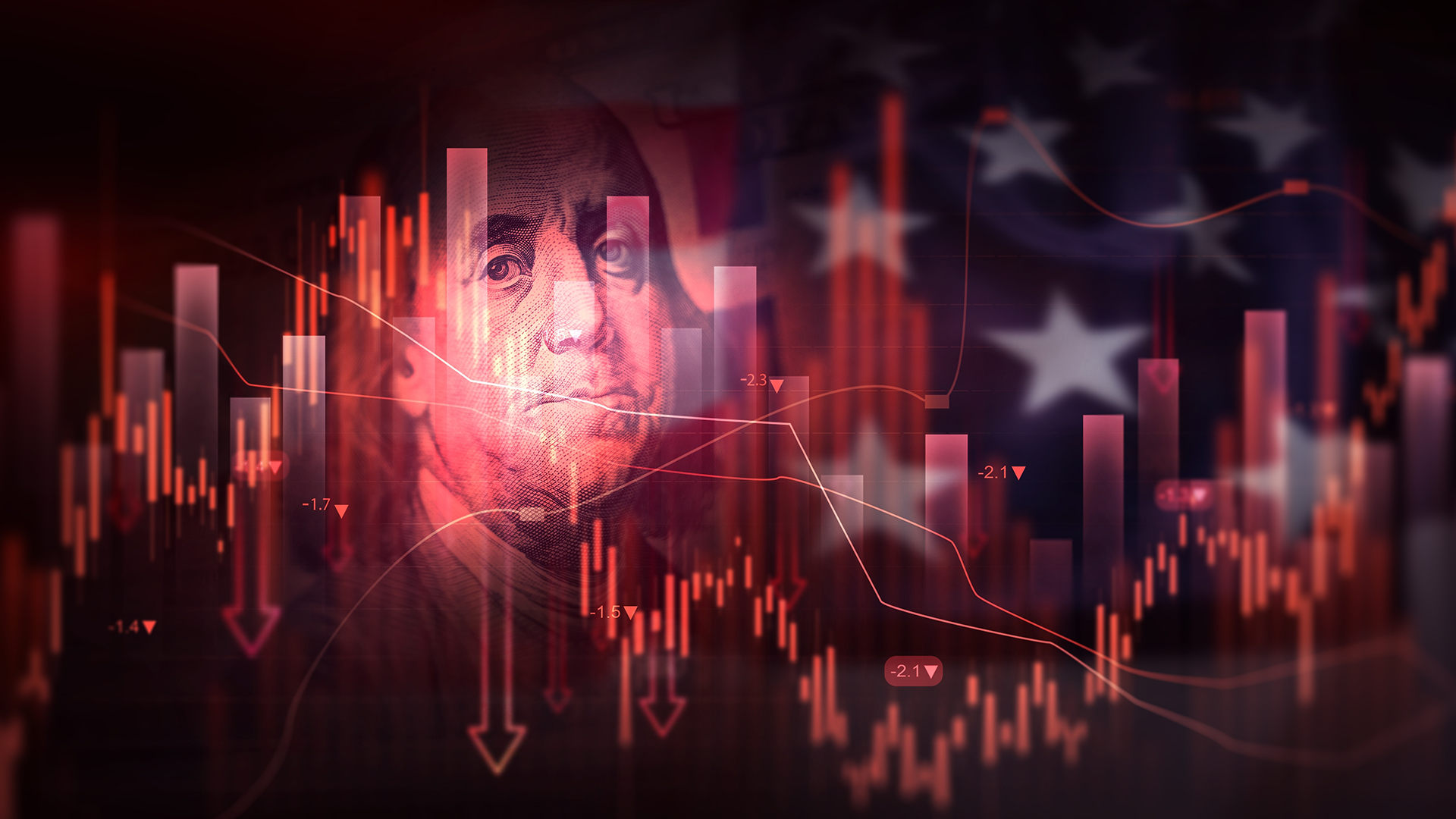 Porträtt av en person överlagrat med röda aktiemarknadskurvor och fallande trendlinjer som symboliserar ekonomisk recession.