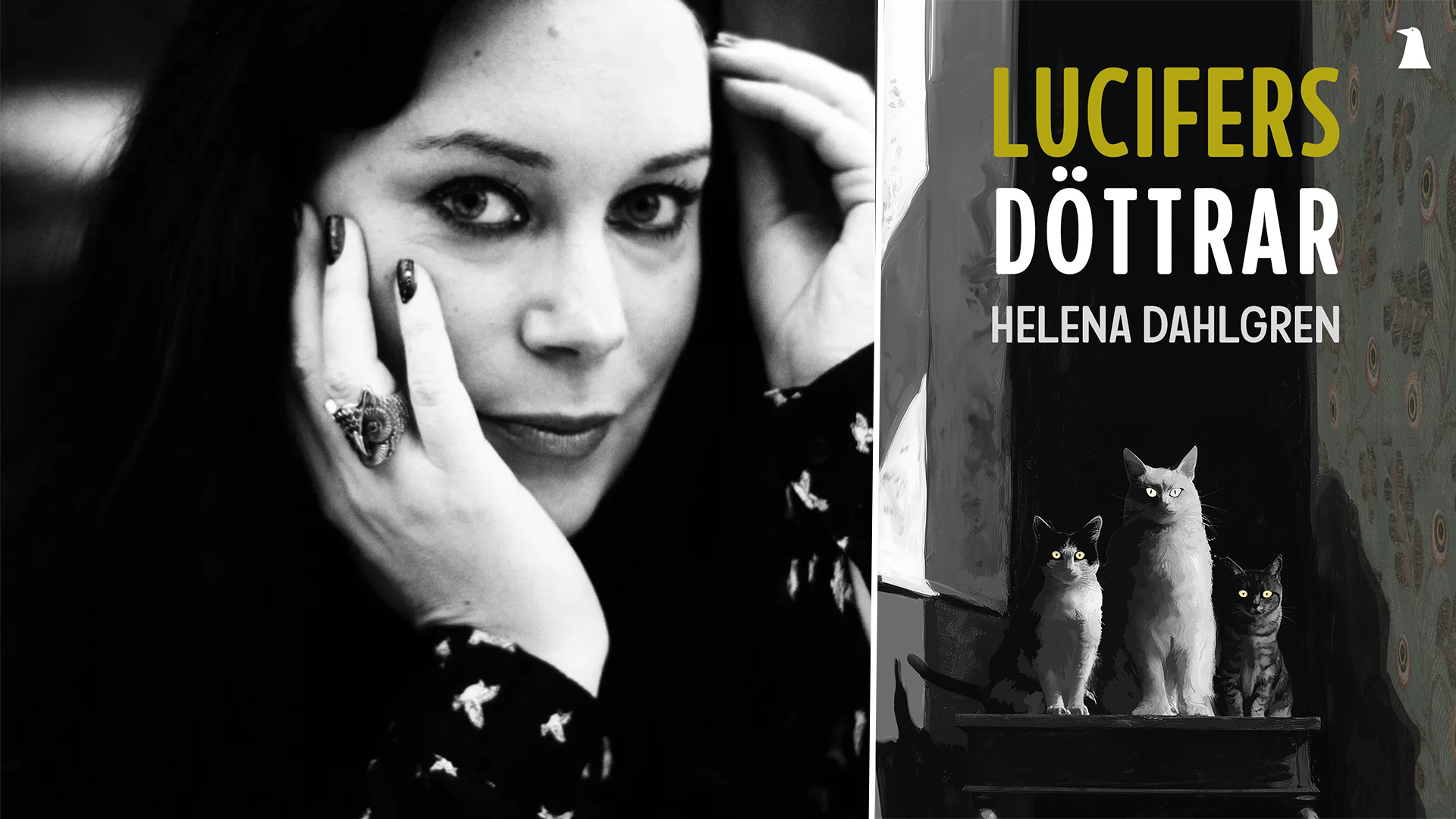 Svartvitt porträtt av en kvinna med långt mörkt hår som lutar kinden mot handen, bredvid en bokomslag med titeln "Lucifers döttrar" av Helena Dahlgren och tre katter.