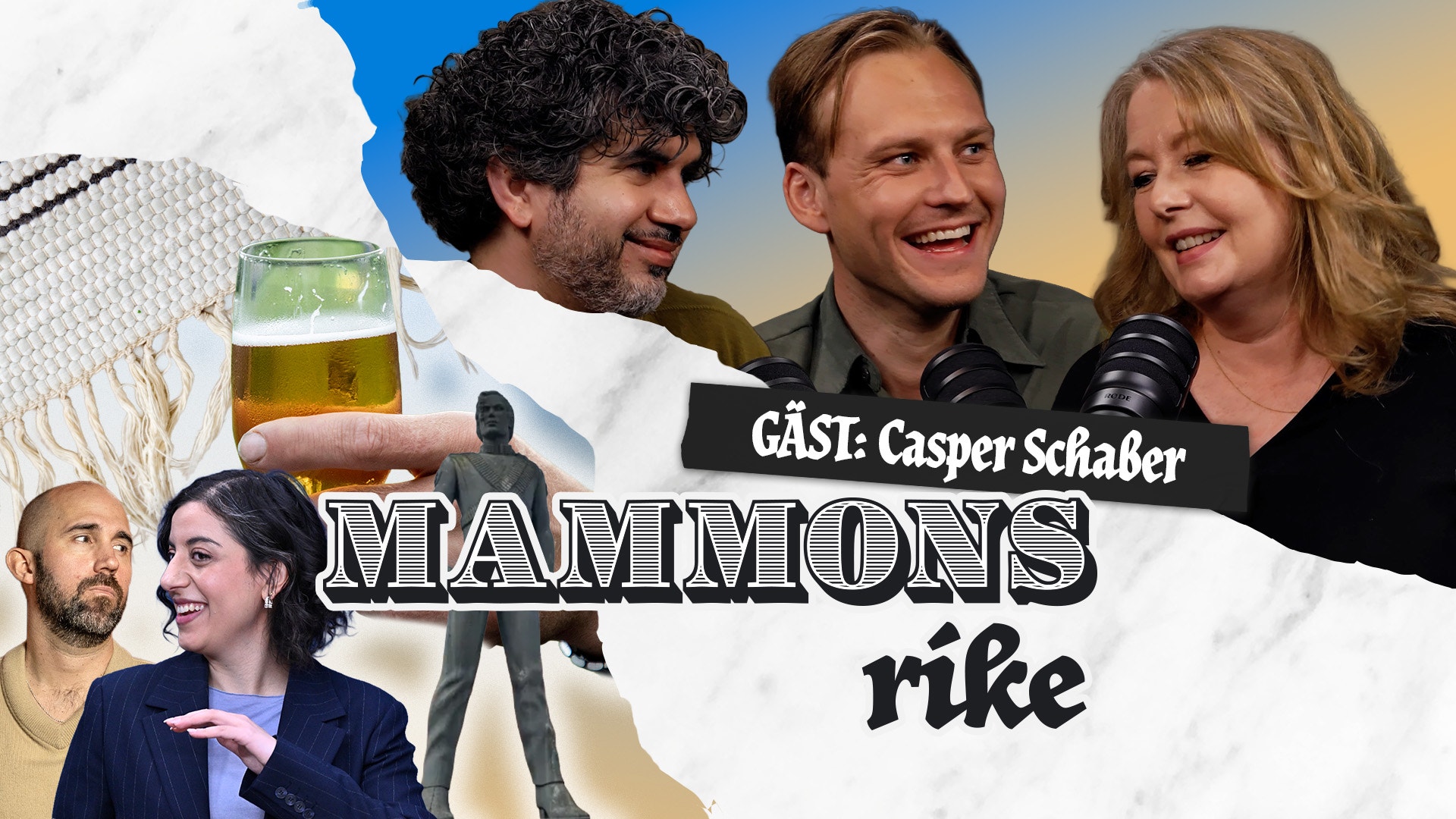 Promobild för podcasten Mammons rike med tre personer och gästen Casper Schäfer.