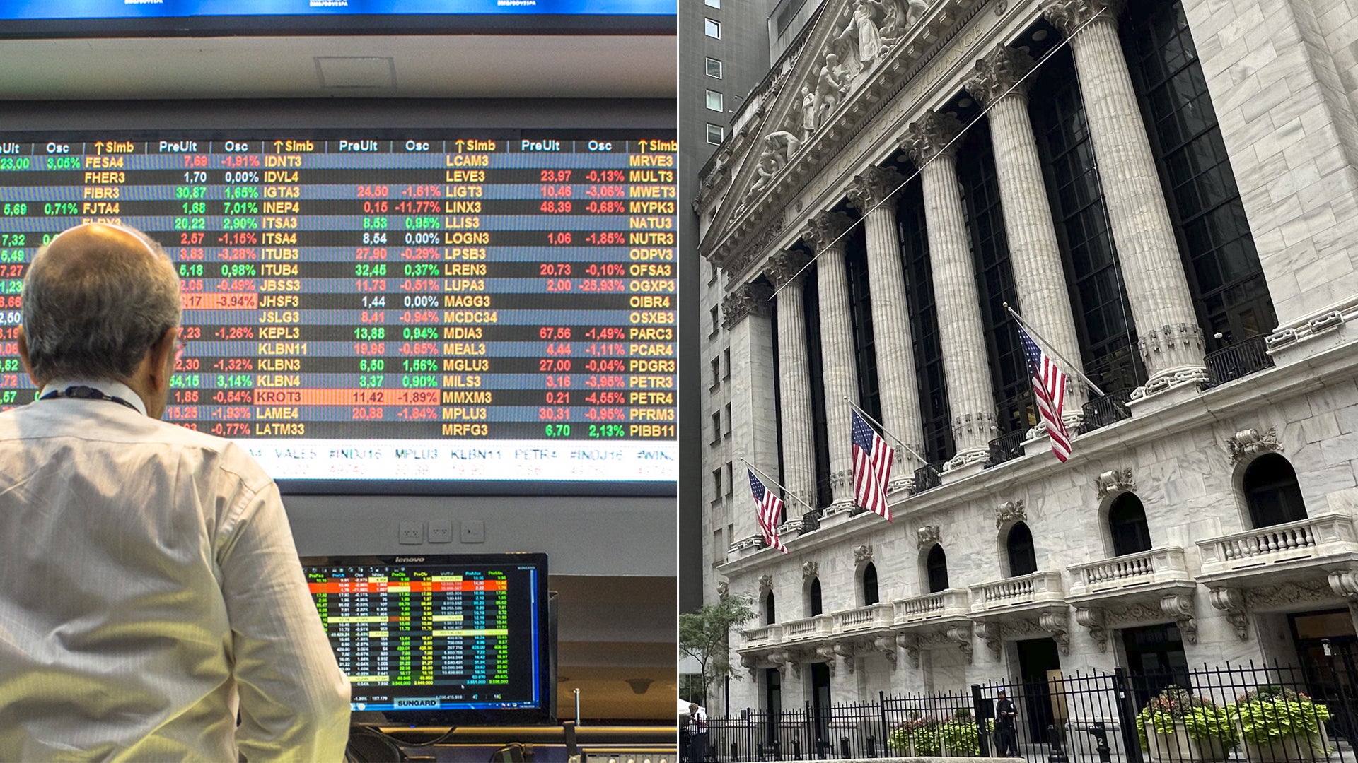 En person sedd från baksidan bär en ljus skjorta och tittar på en stor digital aktiemarknadsskärm med finansiell data och färgkodade indikatorer. Till höger visas New York Stock Exchange-bygnadens ikoniska klassicistiska fasad med höga vita kolonner, amerikanska flaggor och utsmyckad stenarbete.