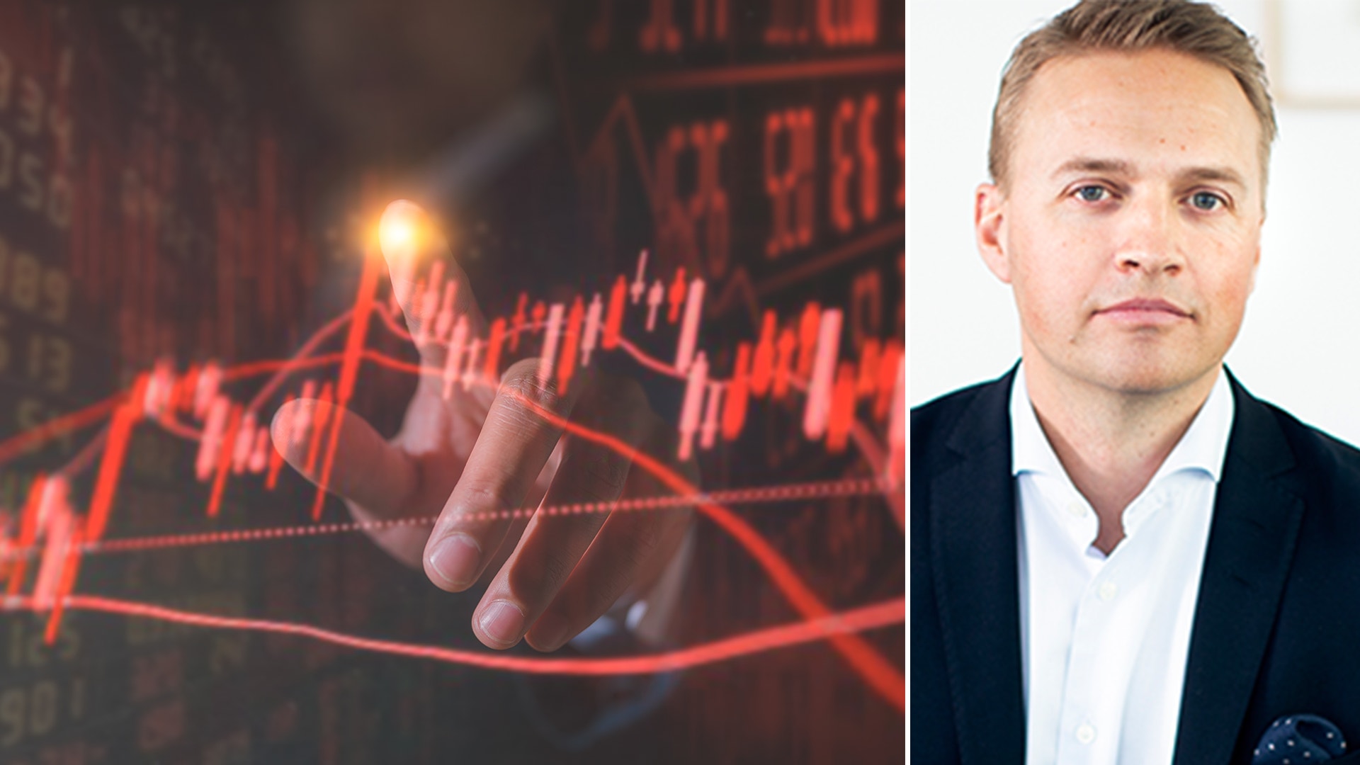 Till vänster en bild på en röd kursgraf. Till höger Karl Hedberg, aktiechef på Carnegie Private Banking.