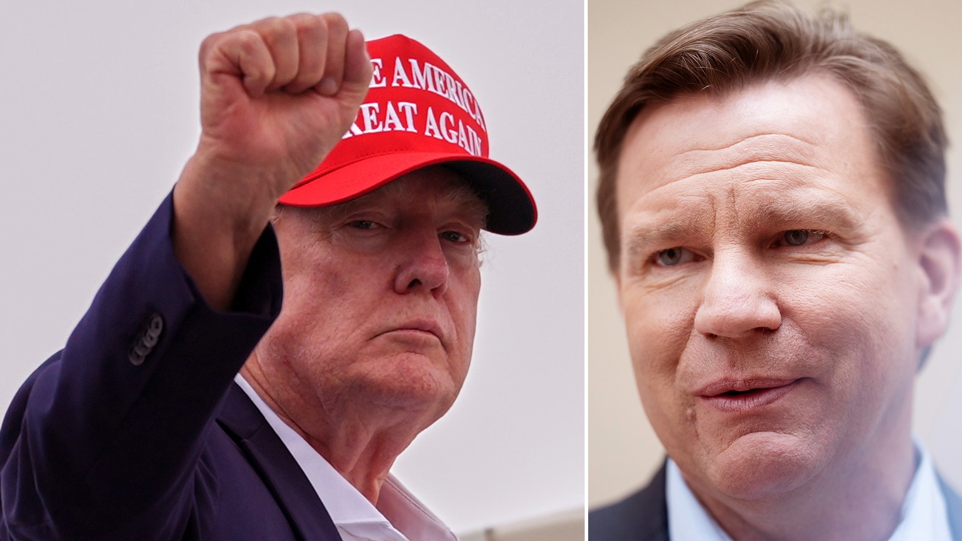Två porträtt av män sida vid sida. Till vänster en man med röd keps med text, som höjer sin näve. Till höger en man i ljus skjorta.