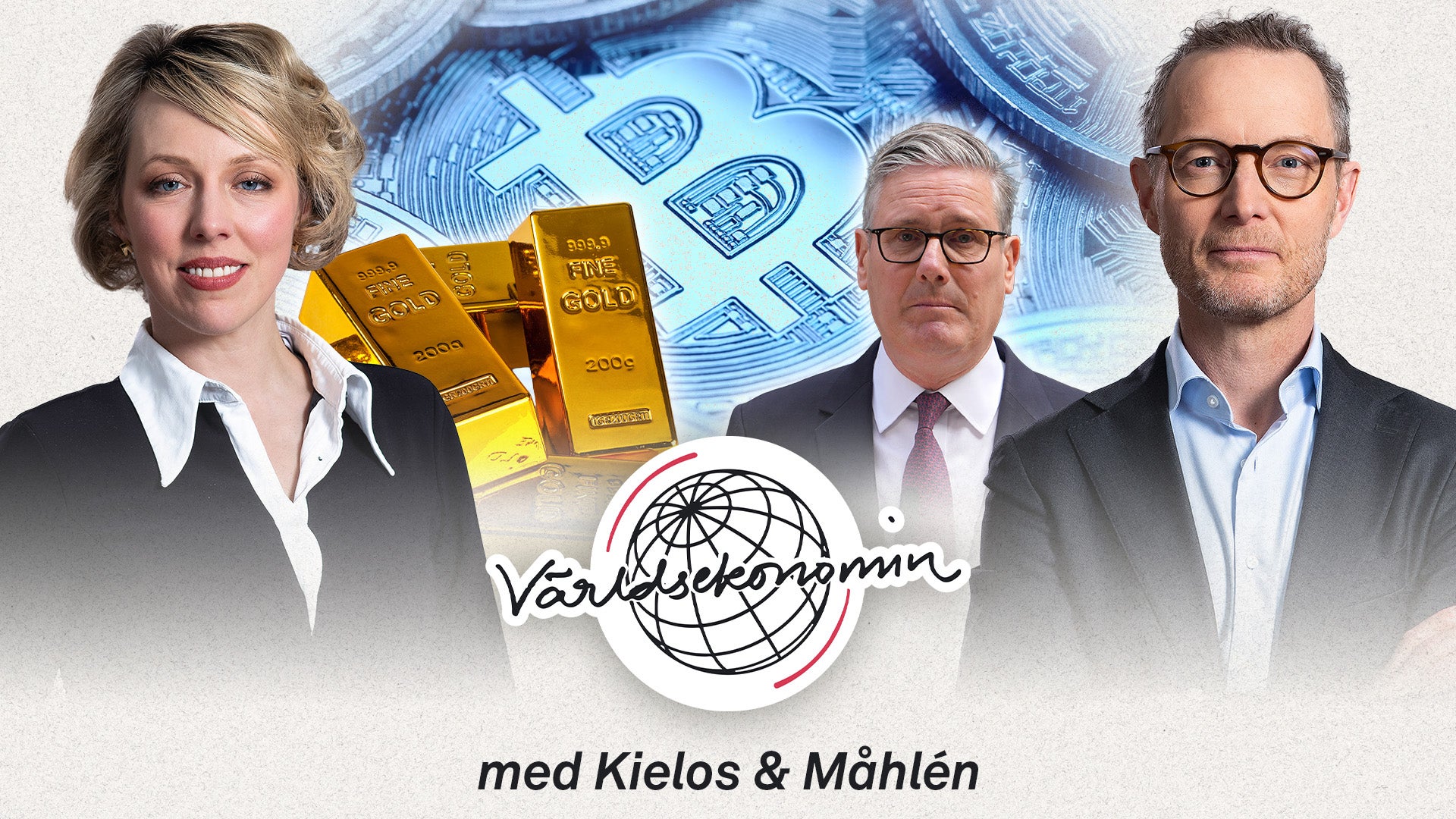 Illustrativ bild för podcasten Världsekonomin med tre personer i affärskläder, guldtackor och eurosedlar i bakgrunden.