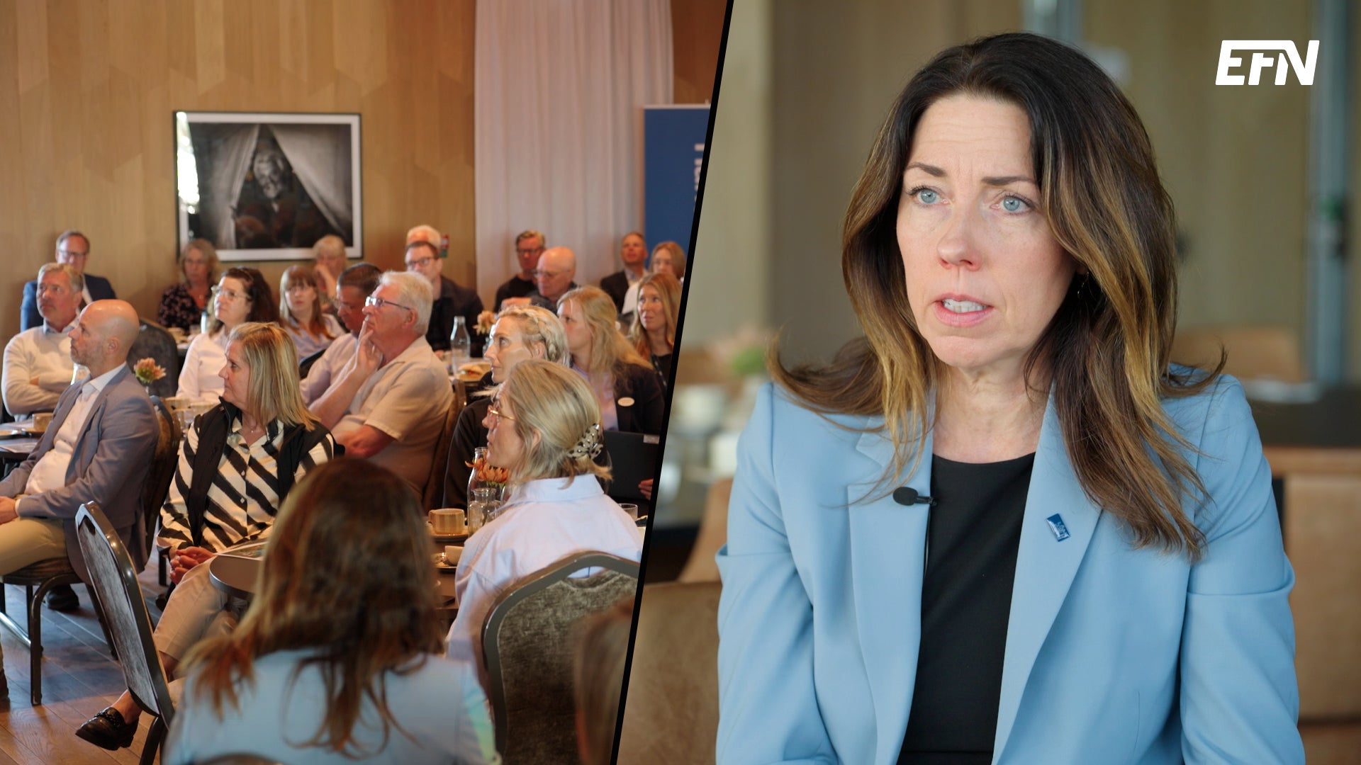 Ett montage med människor på ett möte som alla kollar mot vänster, till vänster, och Anna Seim till höger.