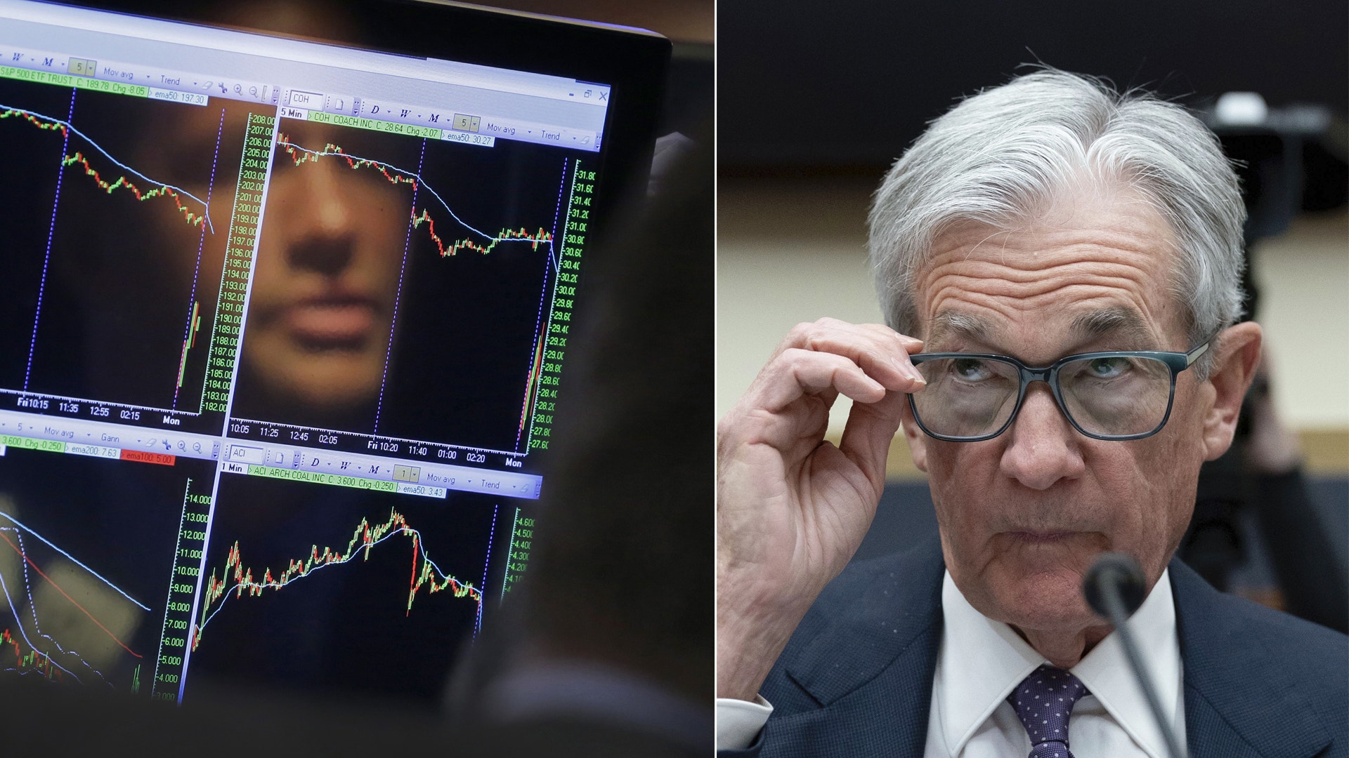 Fed-chefen Jerome Powell som tittar rakt framåt, tillsammans med en bild på en kurva som går nedåt.